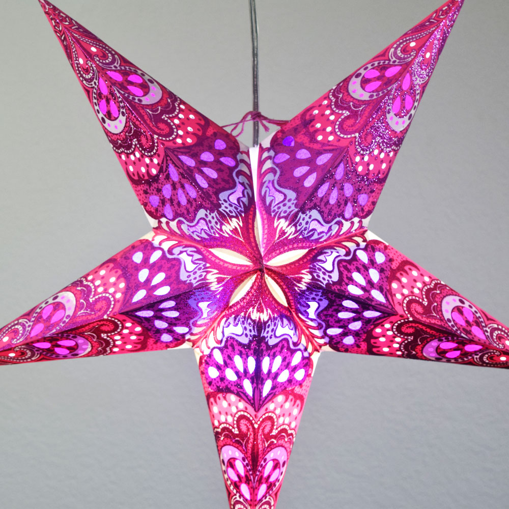 24 Pink Heart's Desire Glitter Paper Star Lantern - Hanging Decorative Light for Bedroom, Party, Wedding & Home Decor