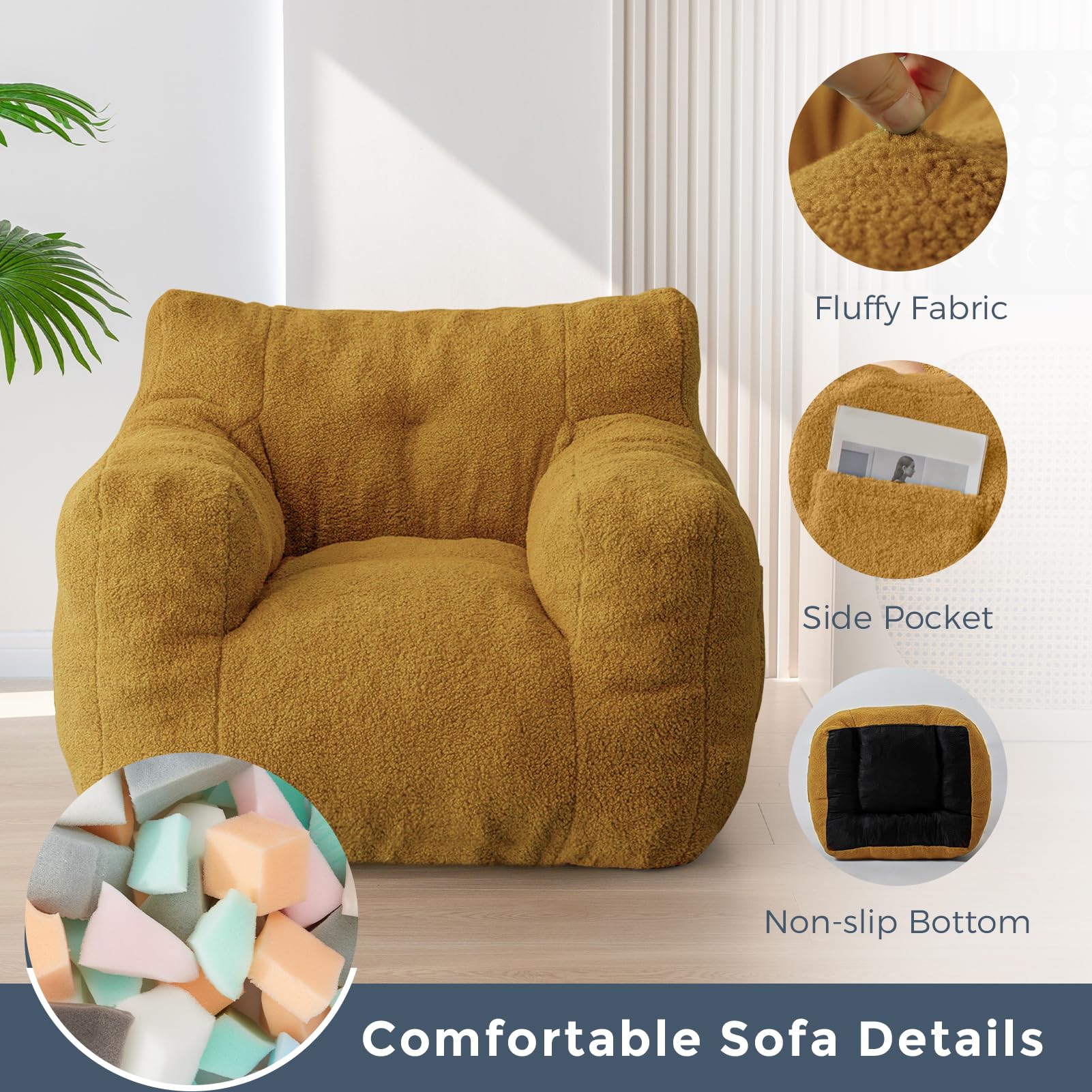 MAXYOYO Sherpa Bean Bag Chair - Soft Boucle Tufted Bean Bag Couch for Living Room, Bedroom & Game Room - Comfortable Lazy Sofa for Adults & Kids - Cozy Yellow Lounge Chair for Relaxing, Reading & Gaming