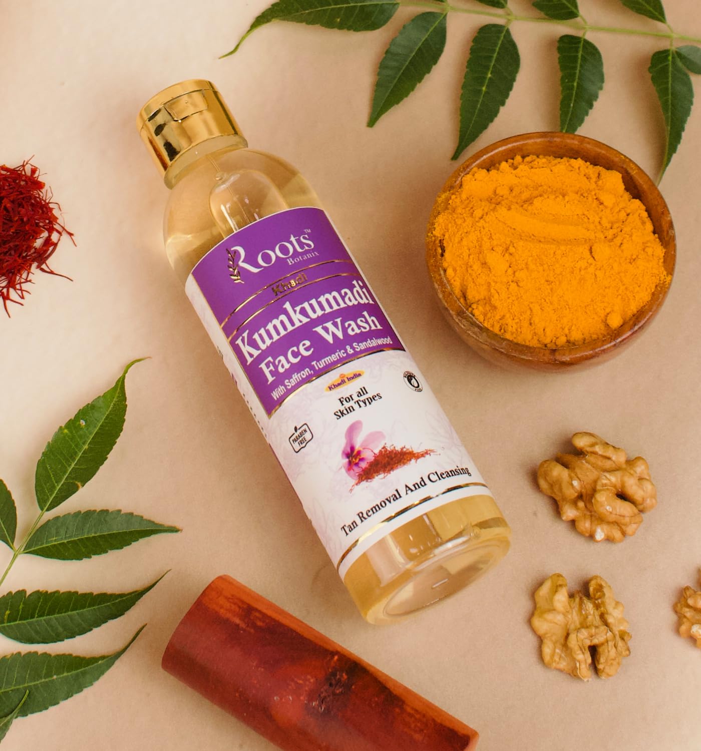 Roots Botanix Kumkumadi Brightening Face Wash - Anti Pollution & Pimple Control, De-Tan Cleansing for Glowing Skin (200ml) | Perfect for Daily Skincare Routine & Travel-Friendly Liquid Soap