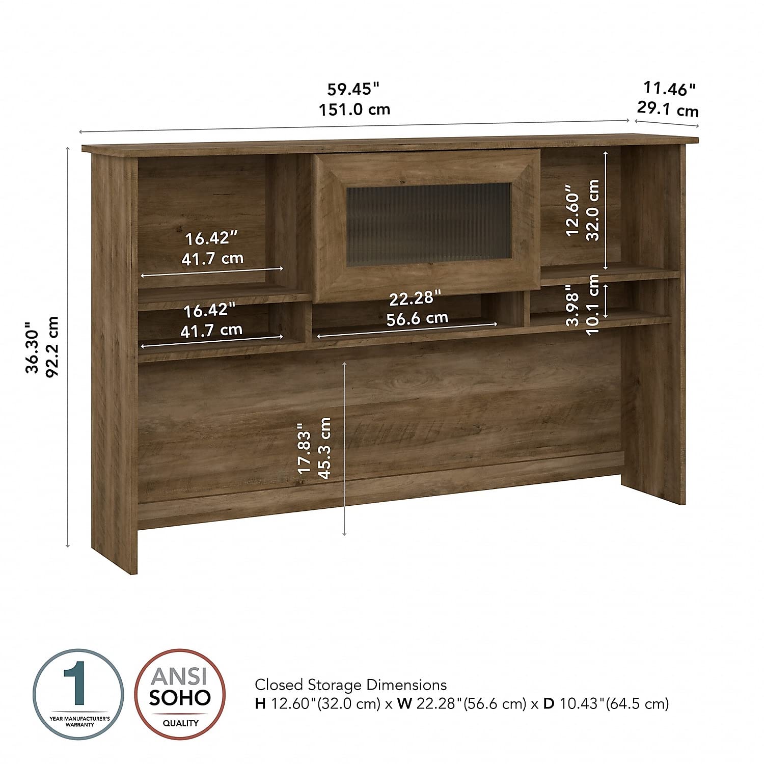 Bush Furniture Cabot 60W Reclaimed Pine Desk Hutch - Home Office Organizer with Storage Shelves for Books, Decor & Office Supplies | Perfect for Small Spaces & Workstations