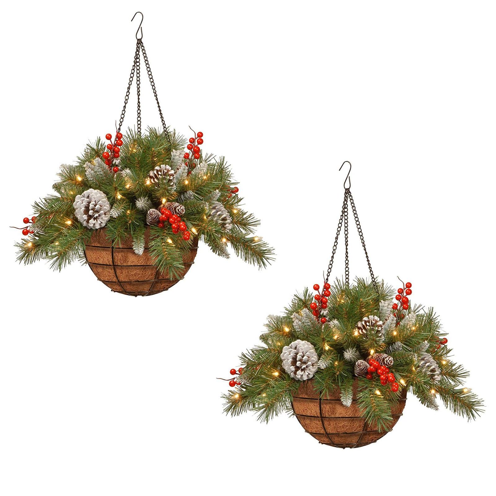 Pre-Lit Artificial Christmas Hanging Basket with Pine Cones & Berries - Frosted Branches Holiday Decor (2 Pack) for Porch, Front Door, and Indoor Xmas Decoration | Perfect for Festive Home, Office, and Retail Displays