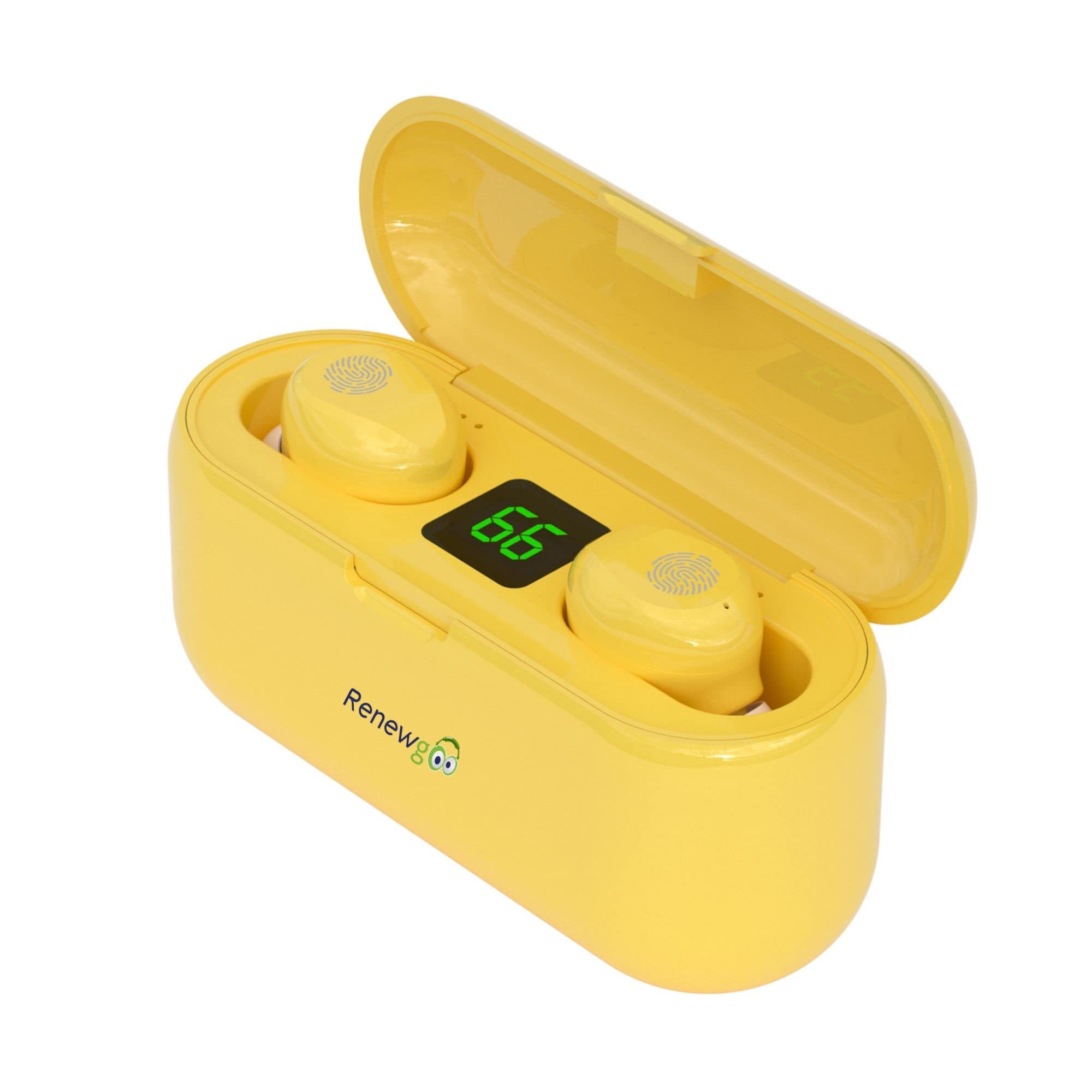 Renewgoo GooBuds+ Wireless Bluetooth 5.0 Earbuds with Power Bank - In-Ear Headphones for Gaming, Music & Calls - Compatible with iPhone, Android, Laptops, PC, Mac (Yellow) - Perfect for Workouts, Commuting & Travel
