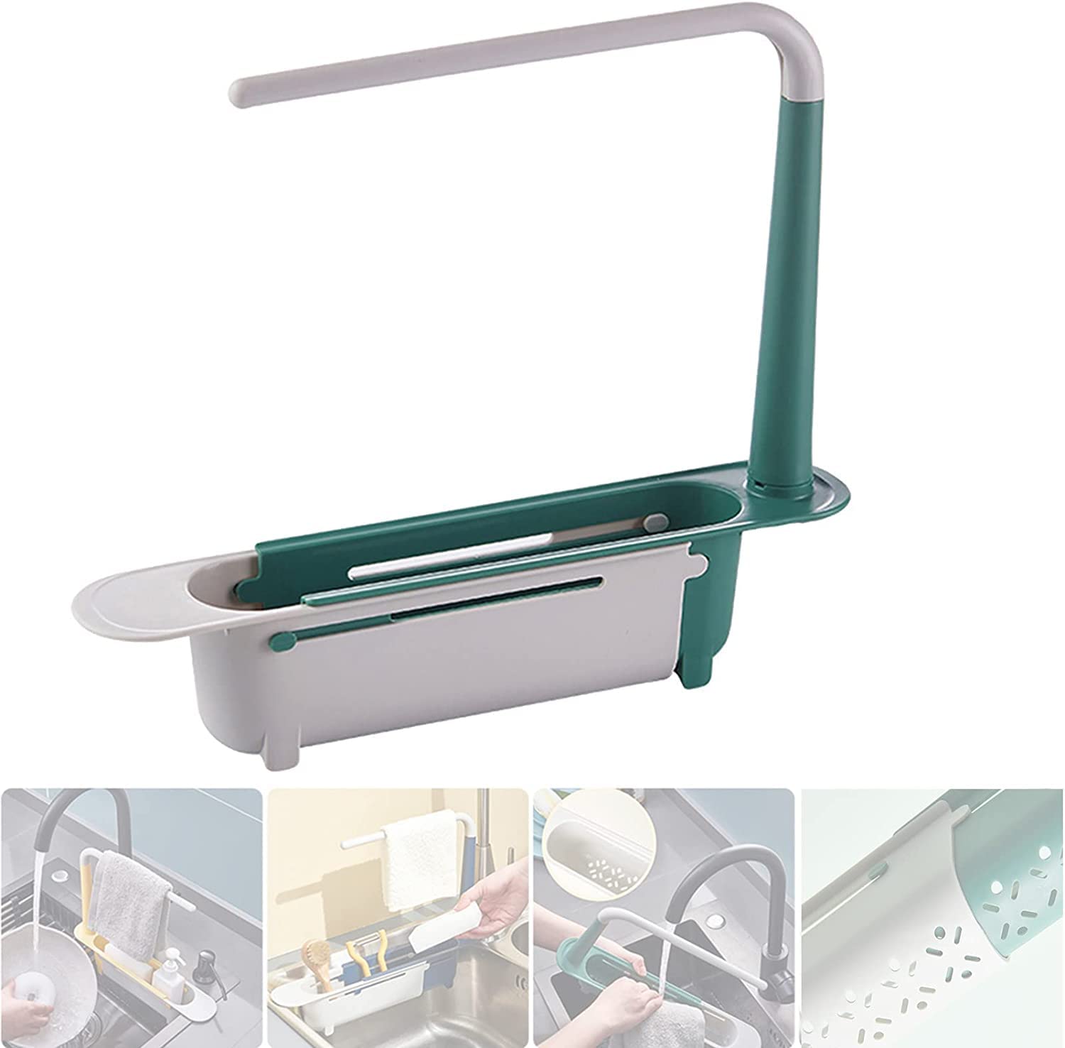 EUKK Expandable Kitchen Sink Organizer - Adjustable Length Dish Drainer with Sponge & Soap Holder, Dishcloth Hanger - Space Saving Storage Tray for Small Kitchens, RVs, Apartments & Dorm Rooms