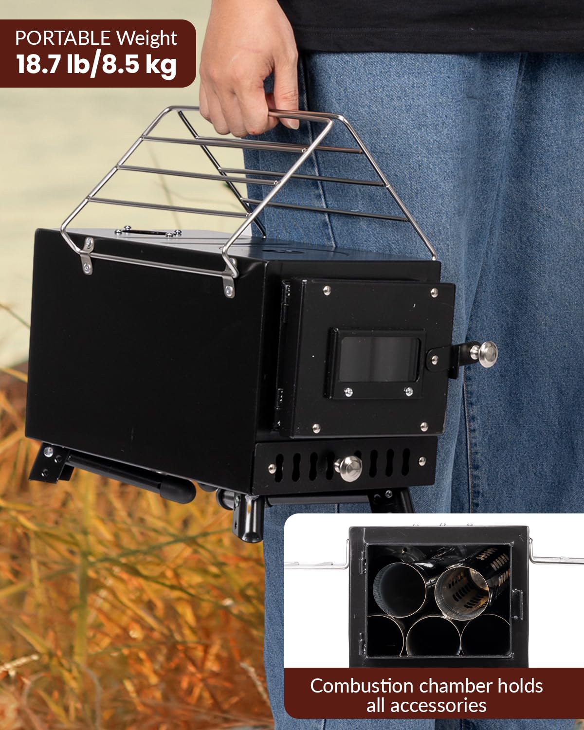 Portable Wood Burning Stove for Camping & Outdoor Cooking - YRenZ Tent Stove with Adjustable Heat Control, Stovepipe & Elbow Pipe - Perfect for Backpacking, Hunting, Ice Fishing & Emergency Heating
