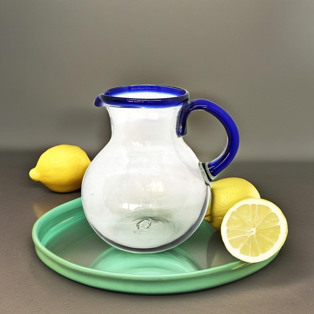 Cobalt Blue Rim 120 oz Large Bola Pitcher - Lead-Free & Toxin-Free Recycled Glass Pitcher for Iced Tea, Lemonade & Summer Beverages | Eco-Friendly Drinkware for Parties, BBQs & Outdoor Entertaining