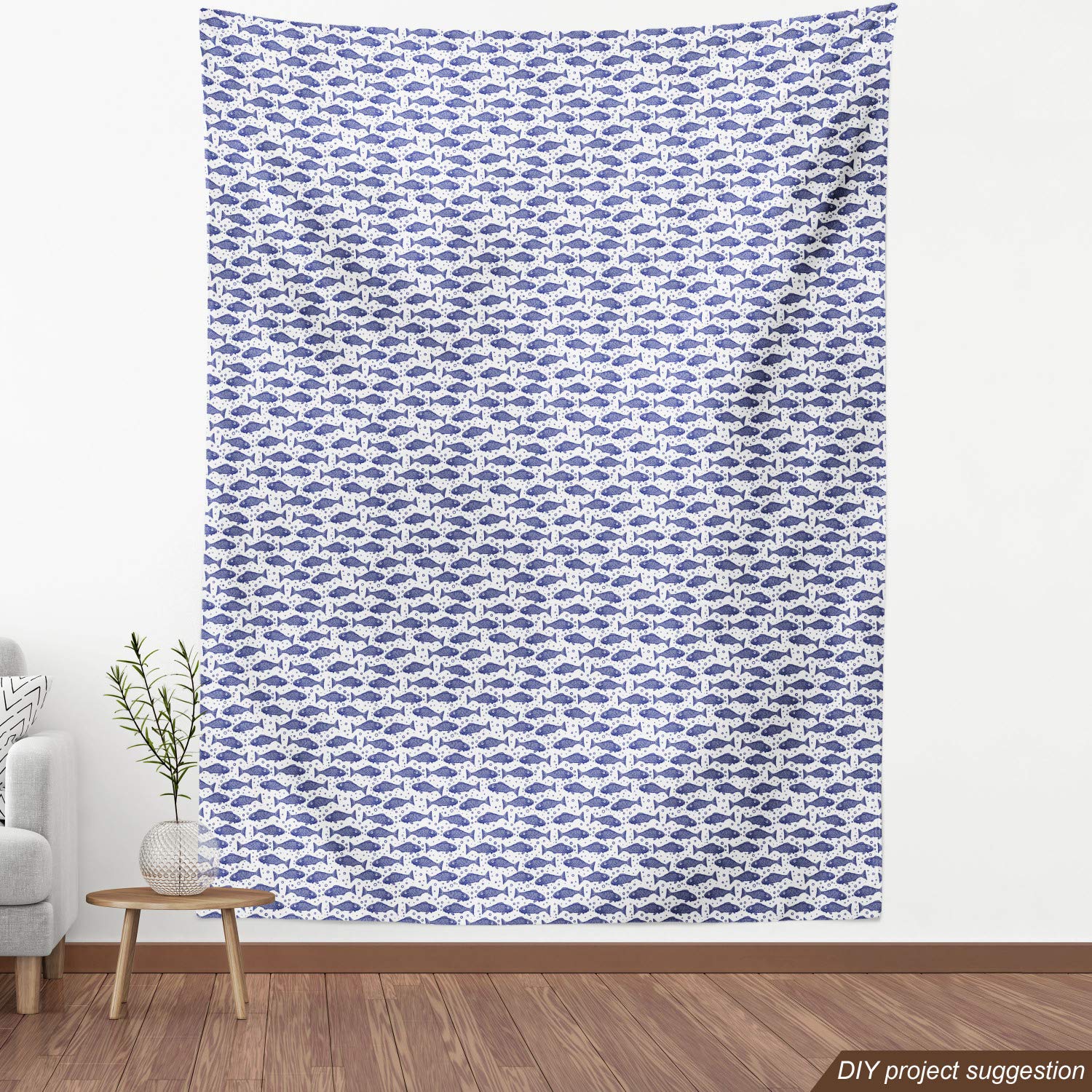 Ambesonne Nautical Fabric by The Yard - Monochrome Hand-Drawn Hatched Fish Pattern with Minimal Bubbles | 10 Yards Violet Blue & White Decorative Fabric for Upholstery, Home Decor, DIY Projects | Perfect for Curtains, Pillows, Table Runners & Crafting