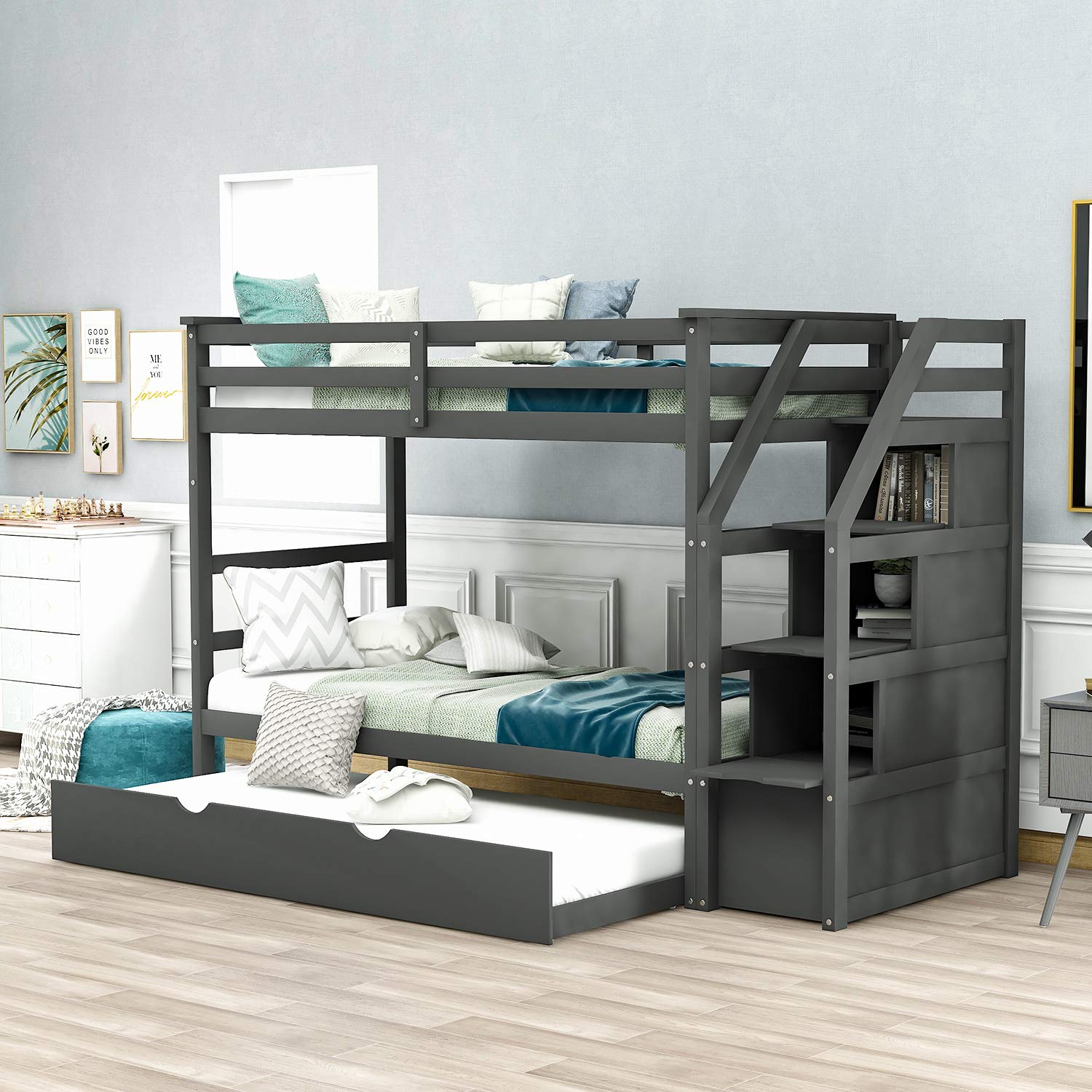 **Danxee Twin Over Twin Bunk Beds for Kids & Teens - Wooden Bunk Bed with Trundle, 3 Storage Drawers & Safety Rail Ladder - Space-Saving Bedroom Furniture for Small Rooms, Guest Rooms & Sleepovers (Gray)**