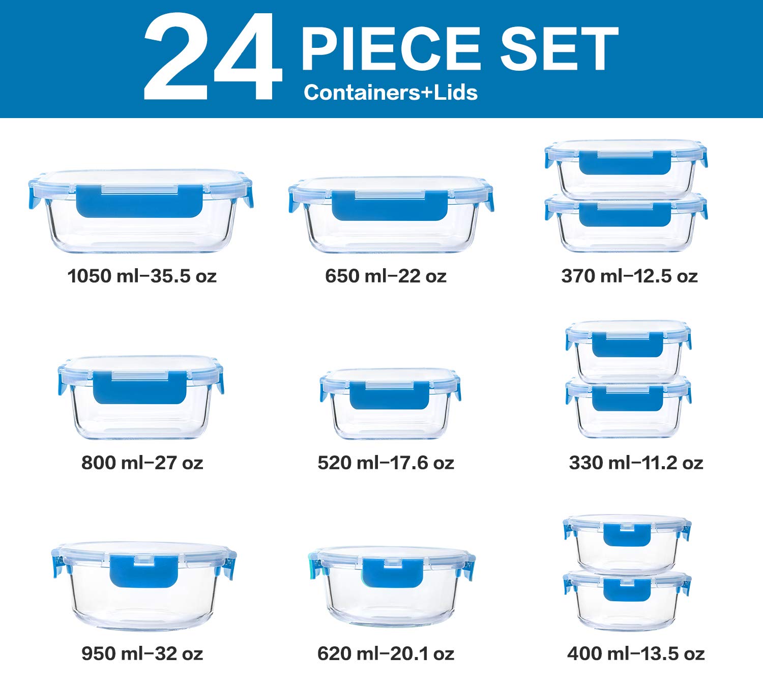 24-Piece Glass Food Storage Containers Set with Airtight Snap Locking Lids - BPA-Free Meal Prep Containers for Microwave, Oven, Freezer & Dishwasher Safe - Perfect for Meal Prepping, Leftovers & Office Lunch (Blue)