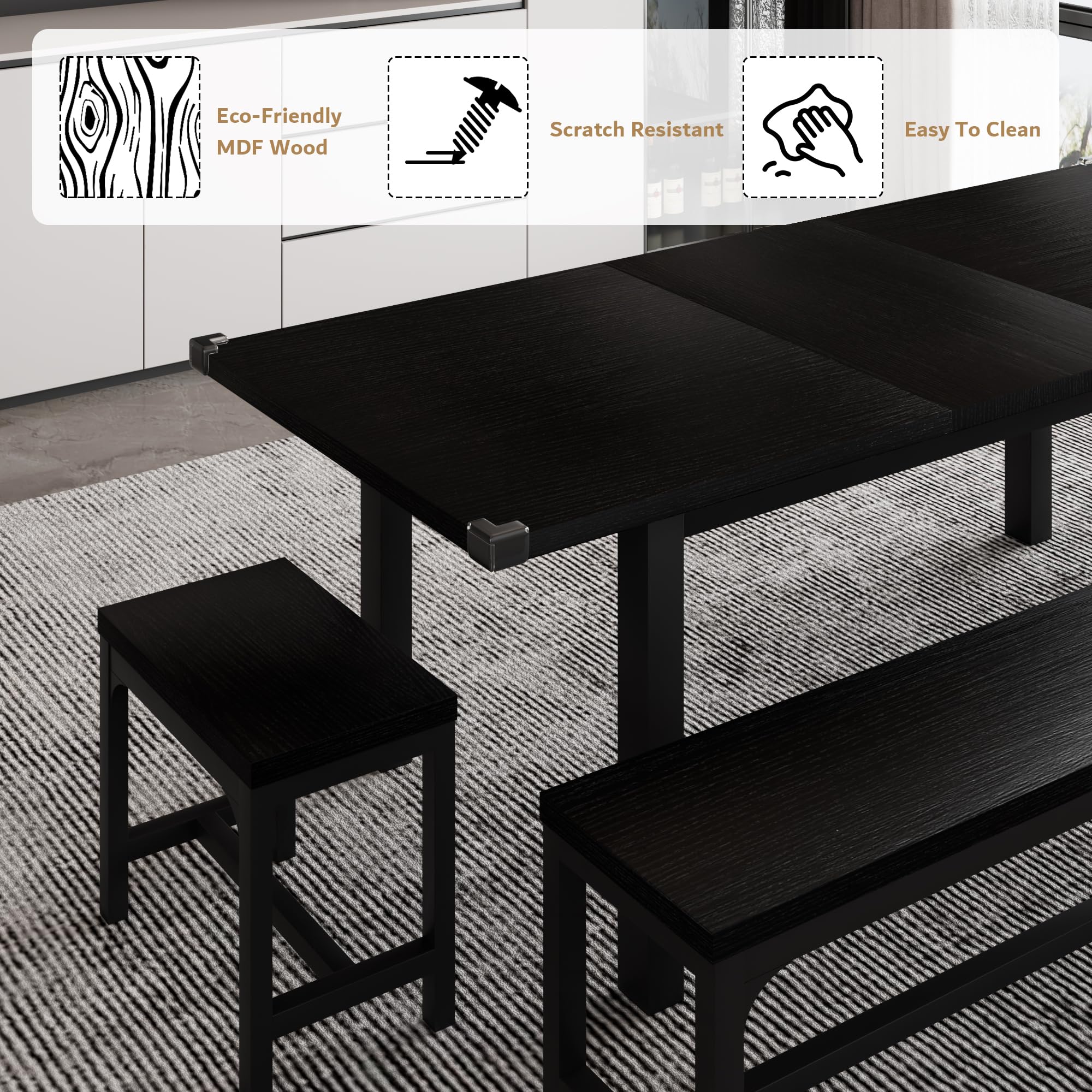 iPormis 5-Piece Extendable Dining Table Set for 4-8 People - Mid-Century Modern Kitchen Table with 2 Benches & 2 Stools, Space-Saving Black MDF Board & Metal Frame - Perfect for Small Apartments, Breakfast Nooks, and Family Gatherings