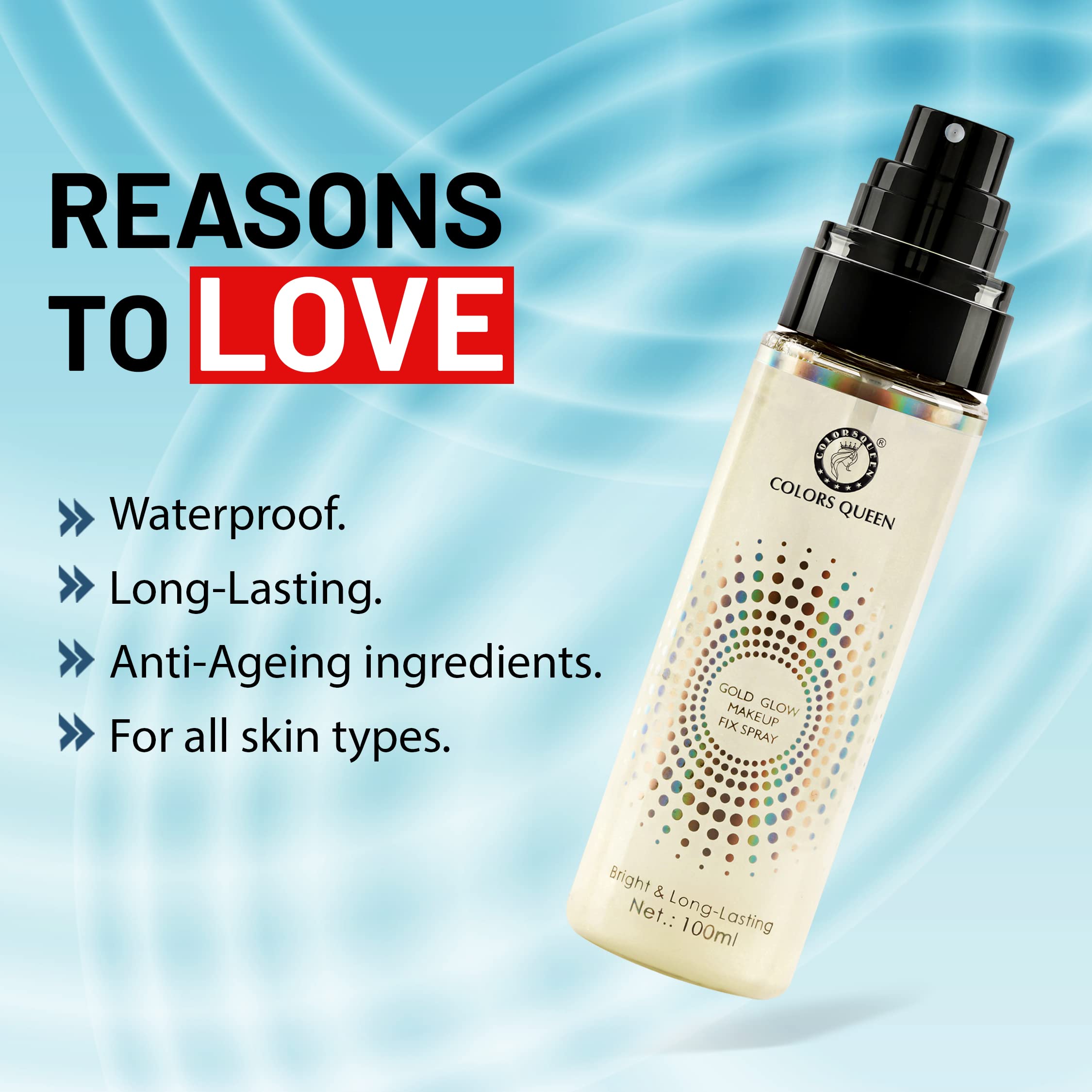 Colors Queen Gold Glow Makeup Setting Spray – 100ml | Long Lasting Face Makeup Fixer | Lightweight, Non-Greasy Formula with Aloe Vera Extract | Perfect for Bridal, Party & Everyday Makeup Locking