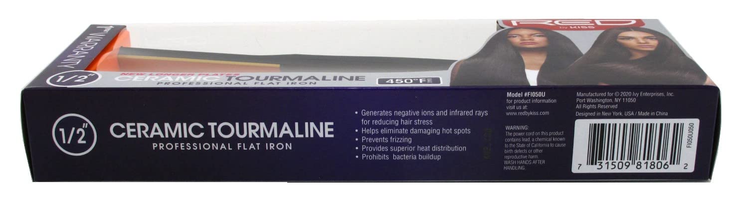 Kiss Red 0.5 Inch Ceramic Tourmaline Flat Iron Hair Straightener - Perfect for Smoothing, Styling & Creating Sleek Looks at Home or Salon