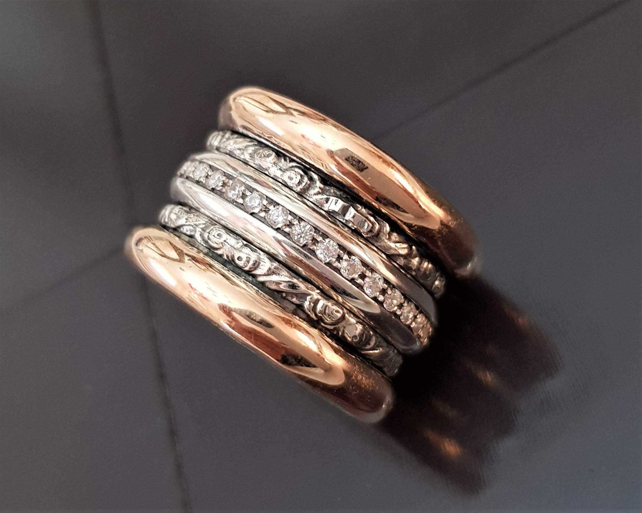 Rose Gold Spinner Ring for Women - 9K Gold & Silver Meditation Ring with Zircons, Wide Boho Wedding Band (Perfect for Stress Relief, Yoga, and Everyday Wear)