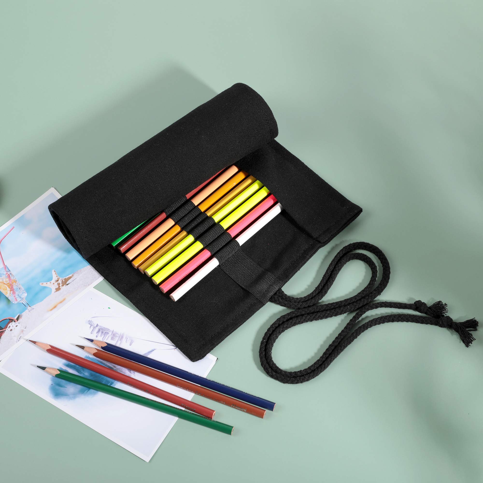 24-Slot Canvas Paint Brush Holder & Makeup Brush Roll Pouch Bag - Black | Perfect for Artists & Makeup Enthusiasts | Travel-Friendly Organizer for Brushes, Pens & Tools