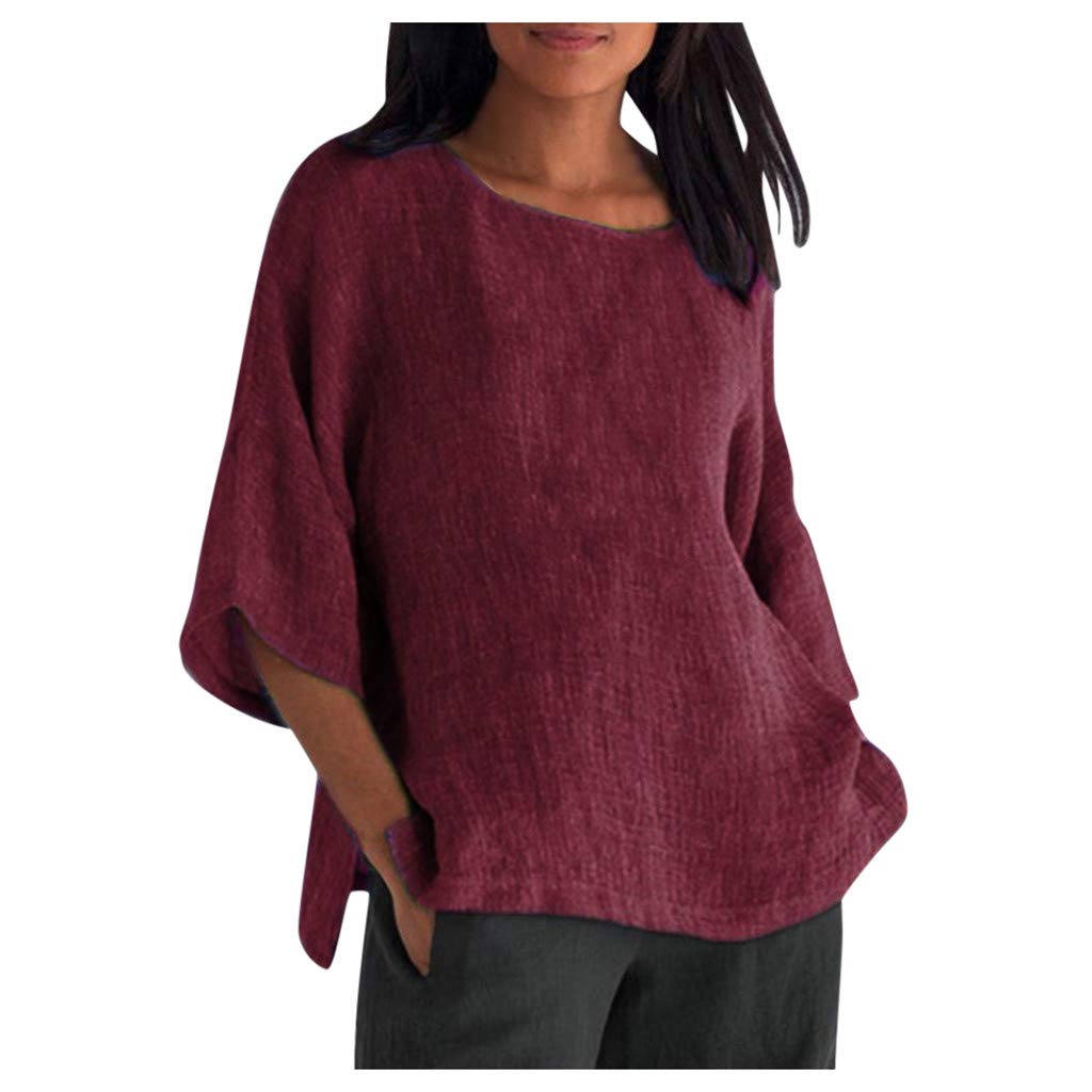 Women's Casual Cotton Linen Shirt - 3/4 Sleeve Crew Neck Loose Fit Tunic Top with Side Split | Comfortable Summer Blouse for Work, Travel & Everyday Wear