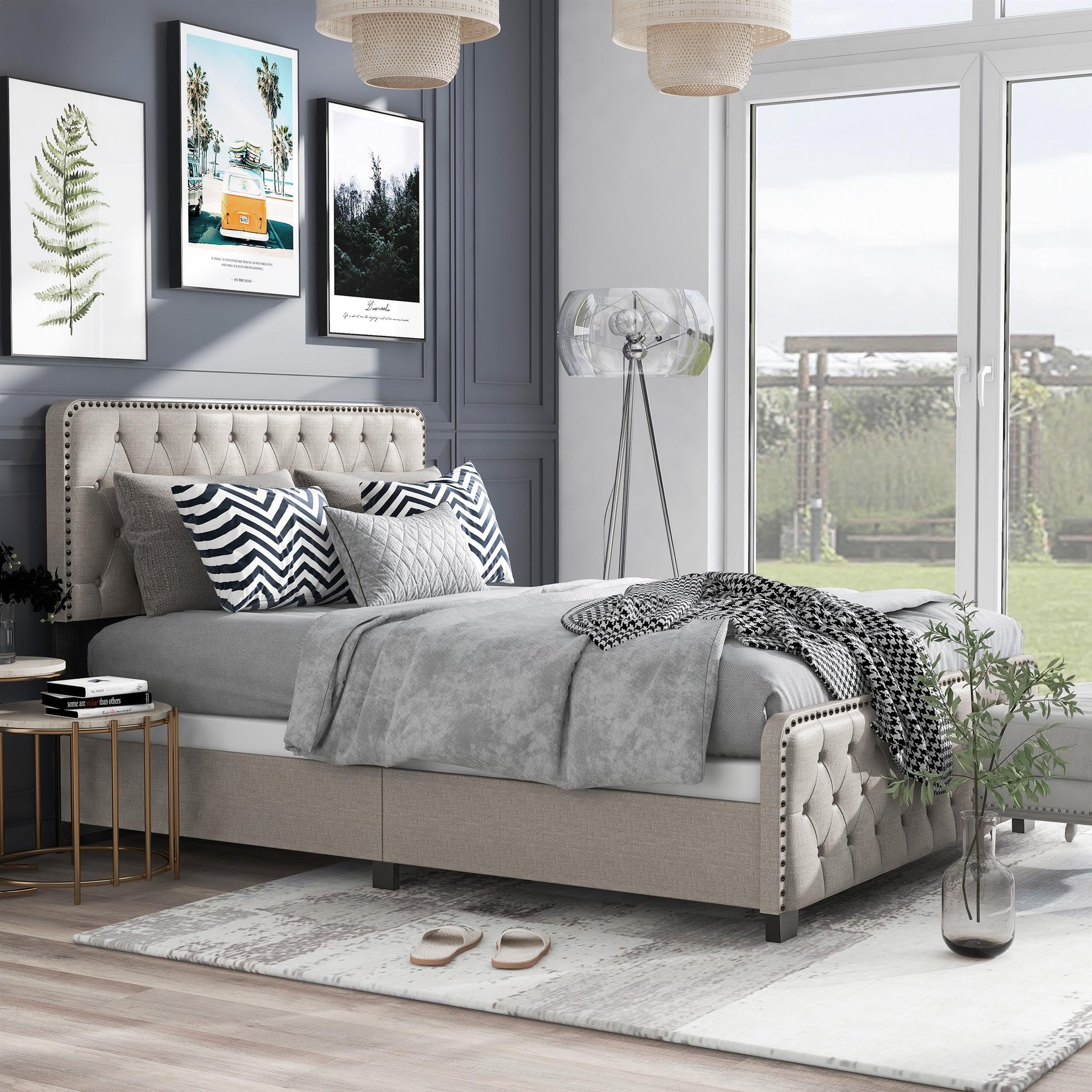 Furniture of America Dexter Beige Button Tufted Queen Upholstered Wood Bed Frame - Elegant Tufted Headboard for Master Bedroom, Guest Room & Home Decor