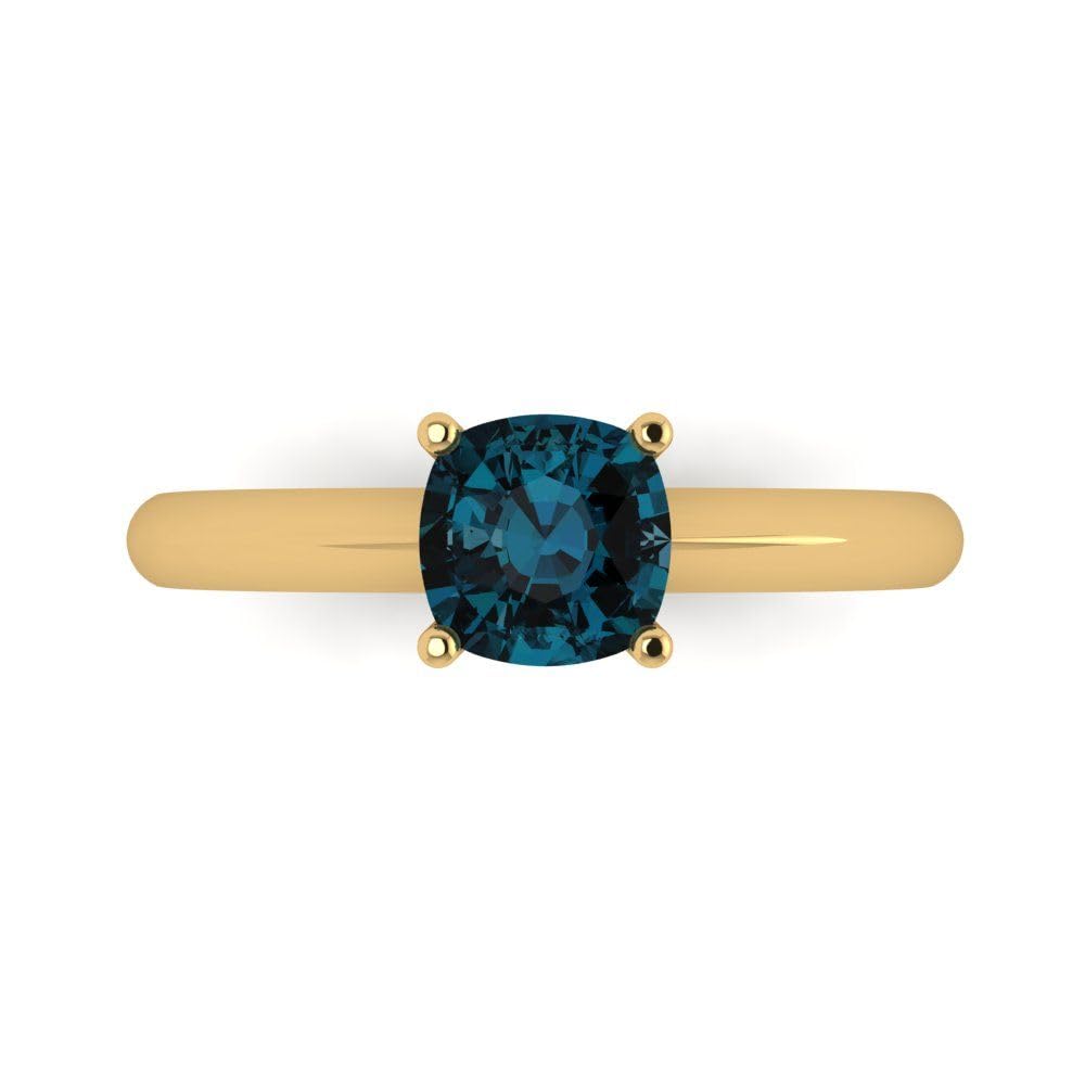 1.0 ct Natural London Blue Gemstone Solitaire Engagement Ring - Cushion Cut, 14K Yellow Gold, Designer Bridal & Anniversary Jewelry | Perfect for Proposals, Weddings & Special Occasions