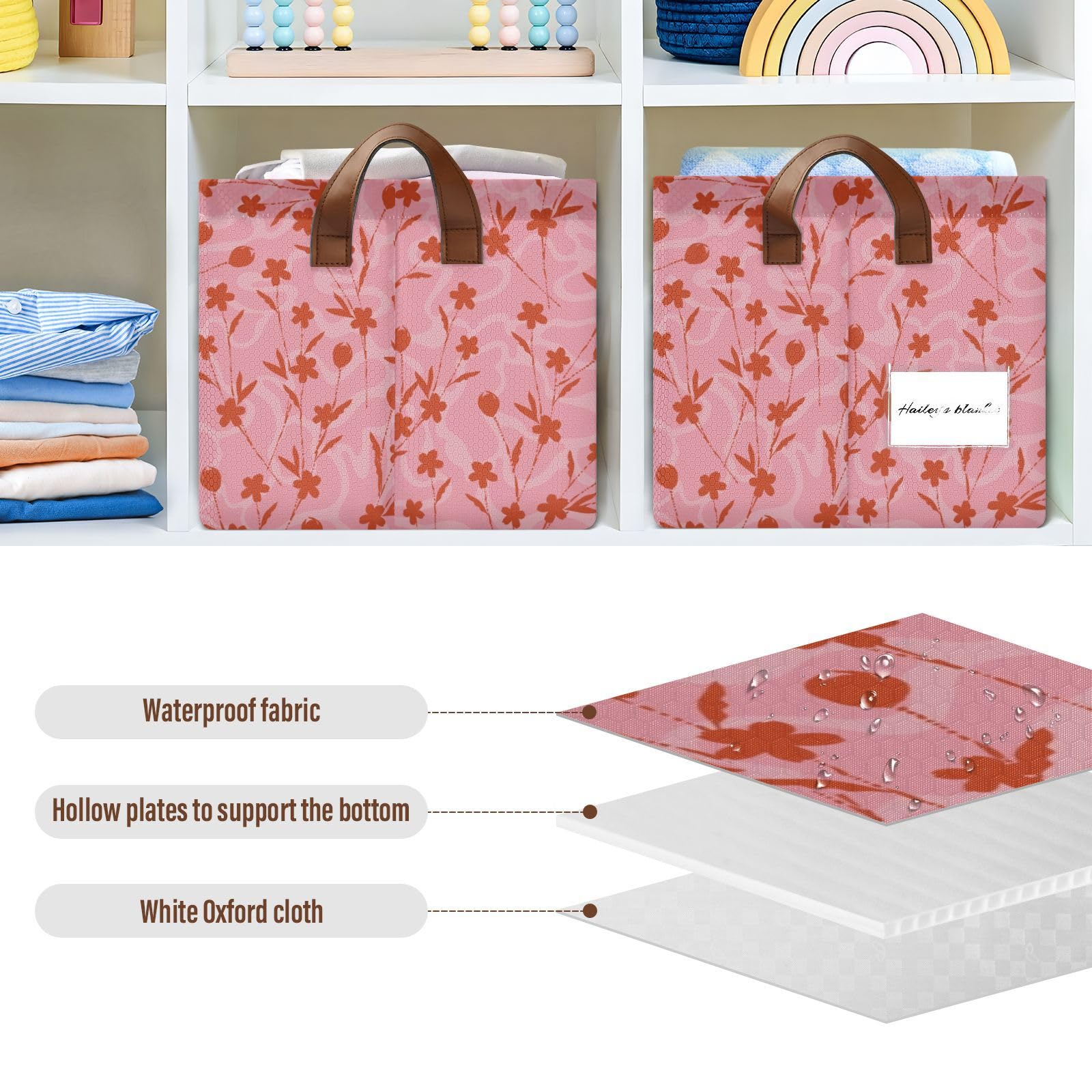 Red Floret Collapsible Fabric Storage Baskets with Handles - 2 Pack Foldable Home Organizer Boxes for Makeup, Books, Toys & Shelves | Perfect for Living Room, Bedroom & Office Organization