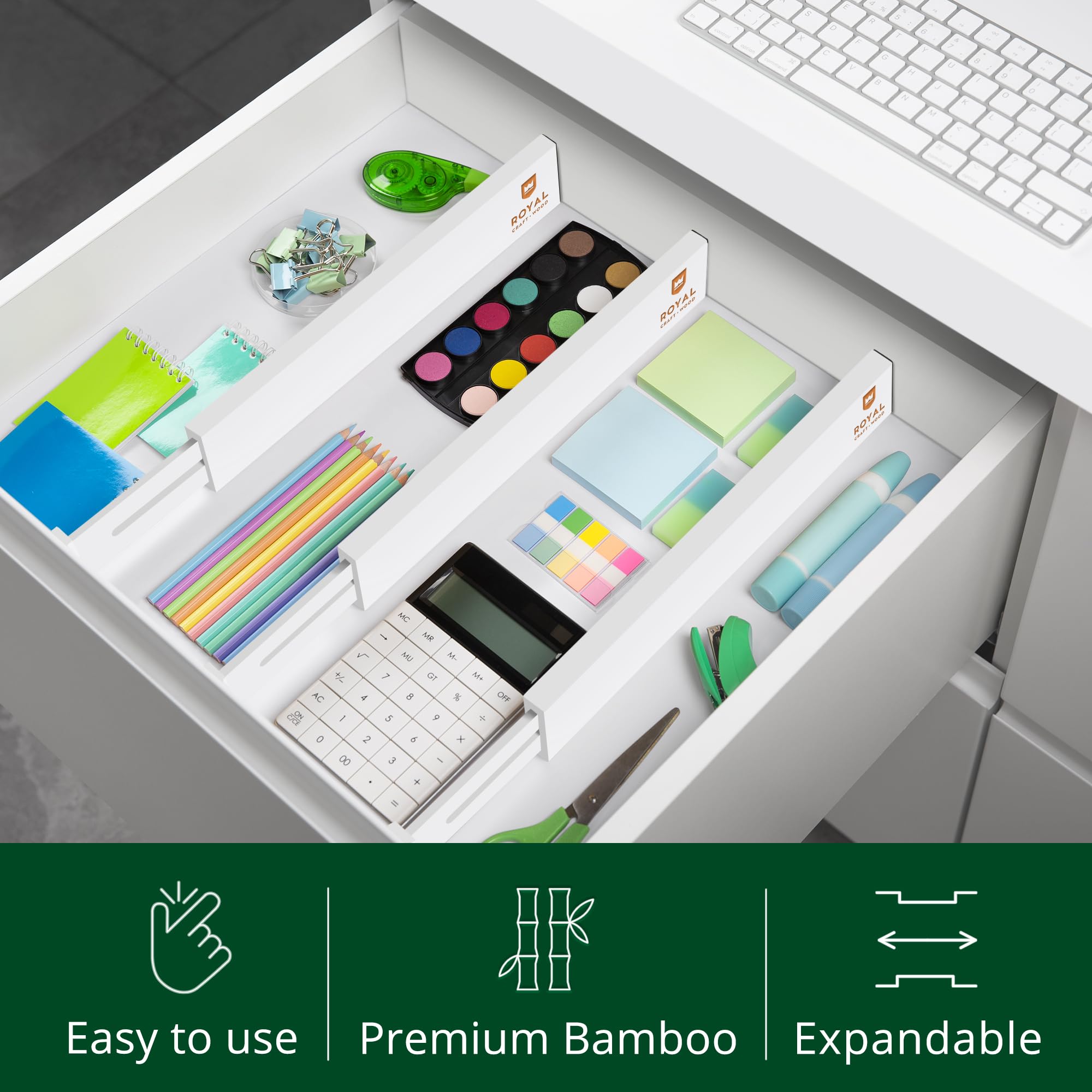ROYAL CRAFT WOOD Adjustable Bamboo Drawer Organizer - Expandable Kitchen, Bathroom & Office Storage Solution - 4-Pack White Drawer Dividers (Fits up to 22