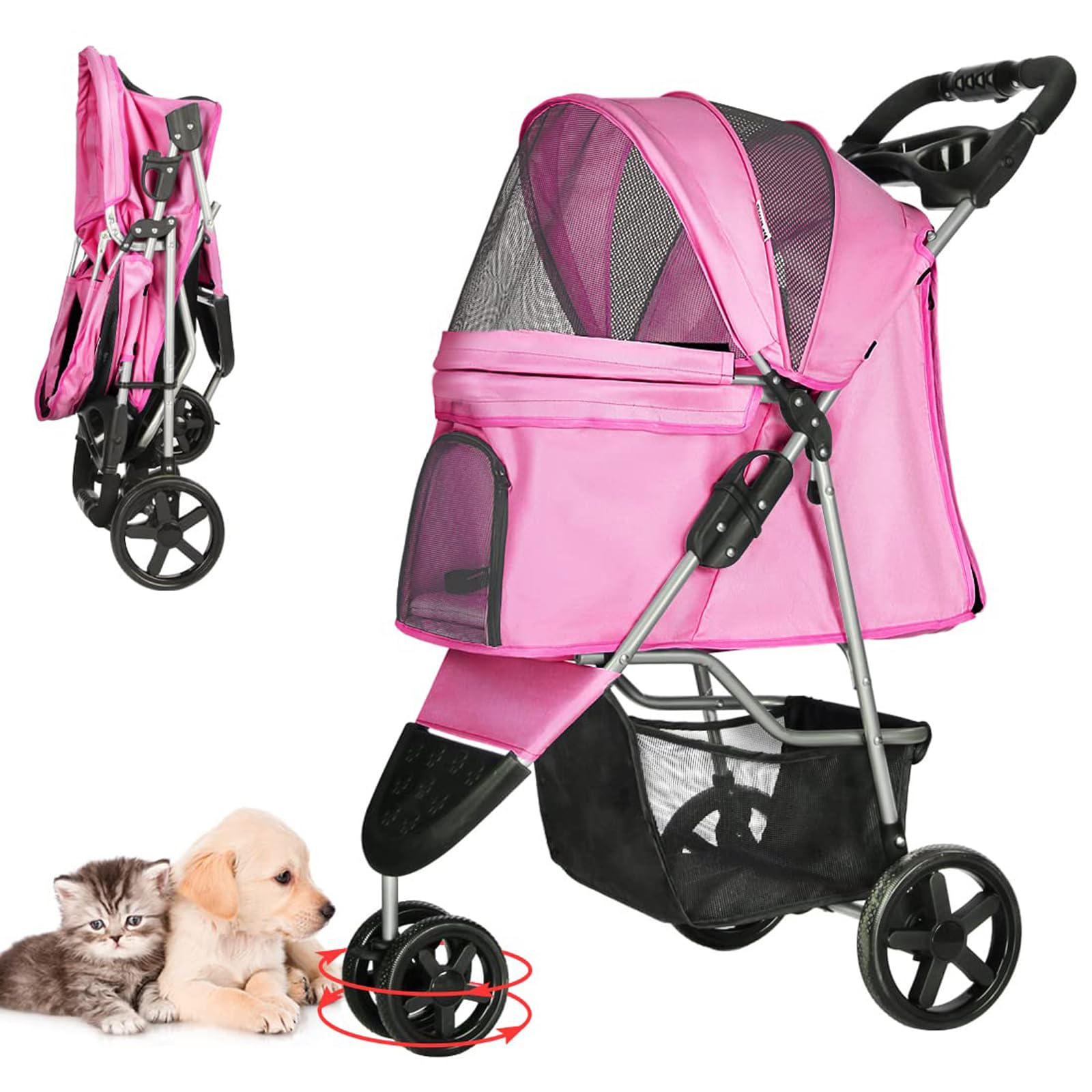 Premium 3-Wheel Pink Pet Stroller for Small Dogs & Cats - Lightweight Folding Design with Storage Basket & Cup Holder - Perfect for Jogging, Shopping & Outdoor Adventures