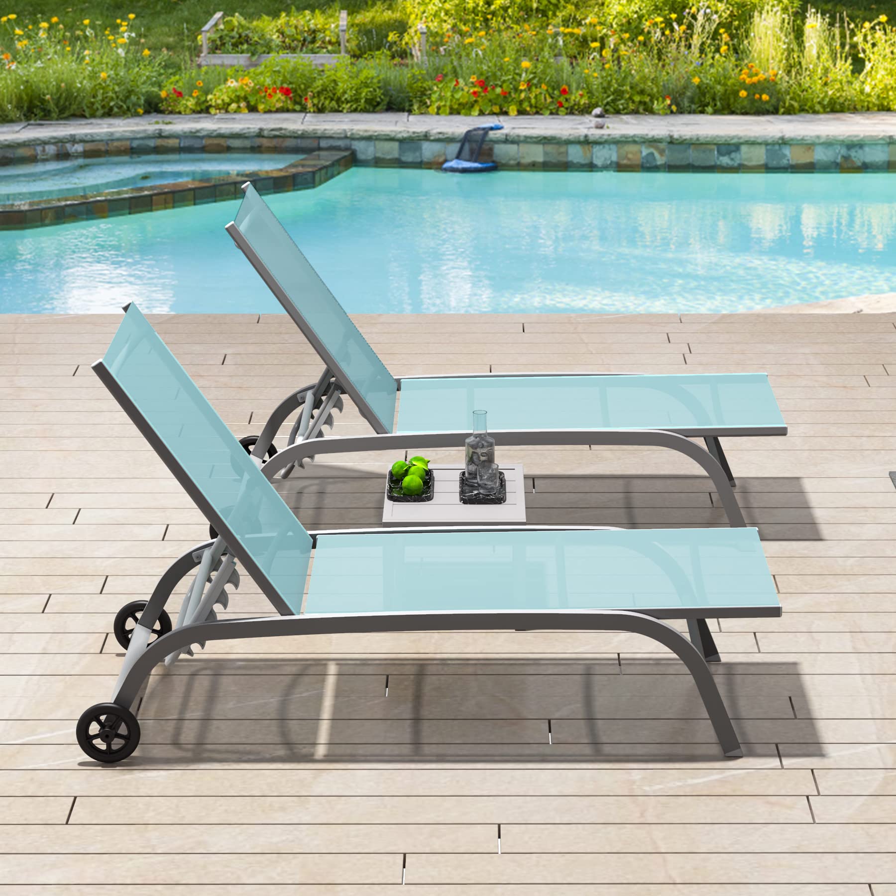 Domi Chaise Lounge Outdoor Set of 3 Adjustable Pool Chairs with Wheels - Patio, Beach & Yard Furniture in Turquoise Blue - Perfect for Sunbathing, Relaxing by the Pool or Coastal Getaways