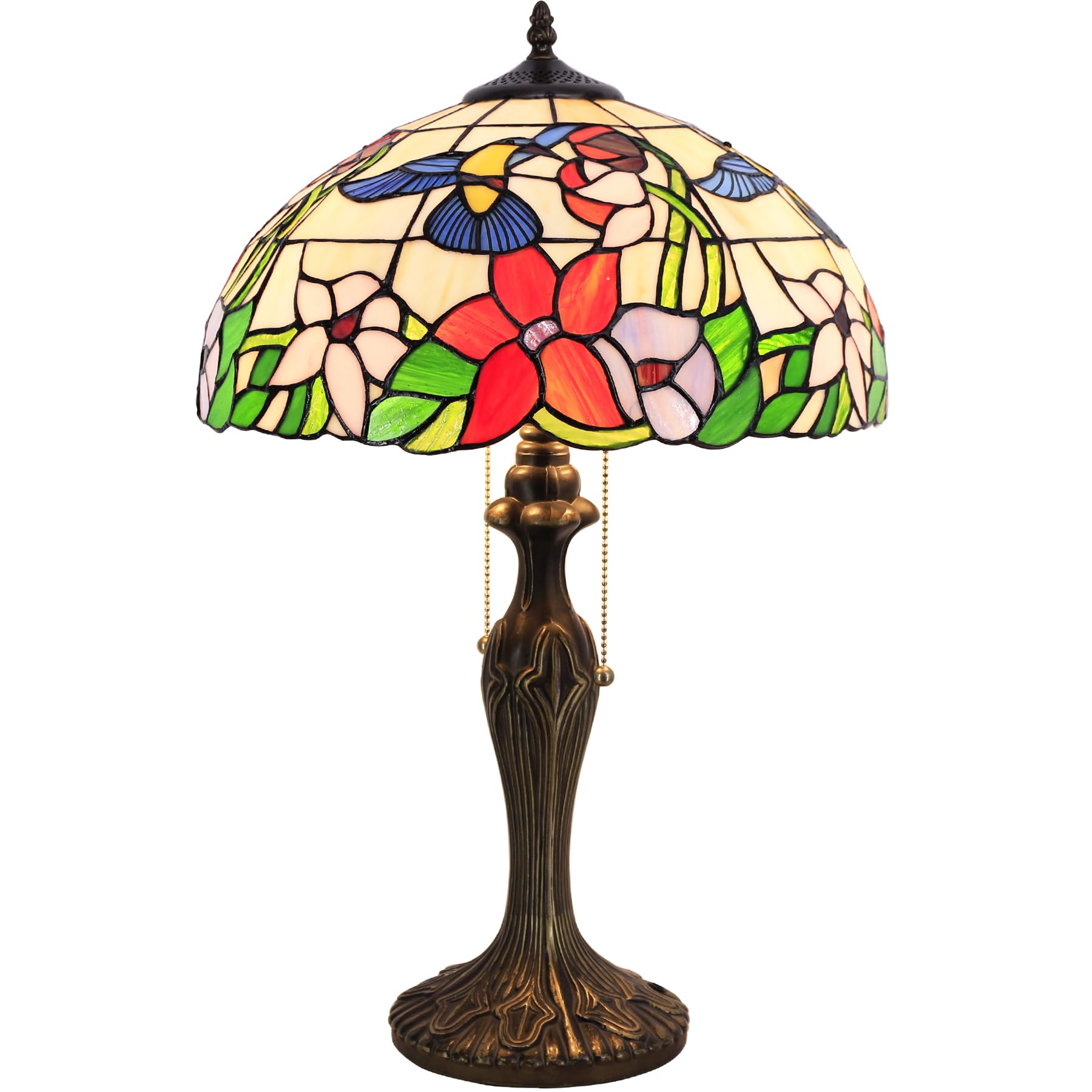 WERFACTORY Tiffany Style Stained Glass Hummingbird Table Lamp - 16x16x24 Inch Bedside Reading Light with Metal Base for Bedroom, Living Room & Home Office Decor (S101 Series) | Perfect for Cozy Reading Nooks, Nightstand Lighting and Vintage Home Accents