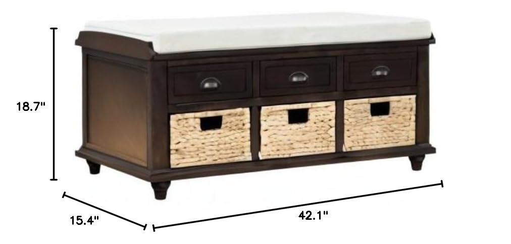 Elegant Wood Storage Bench with 3 Drawers & 3 Woven Baskets - Modern Shoe Cabinet Organizer with Cushion for Entryway, Bedroom, Living Room - Multi-Functional Seat & Storage Solution for Home Decor