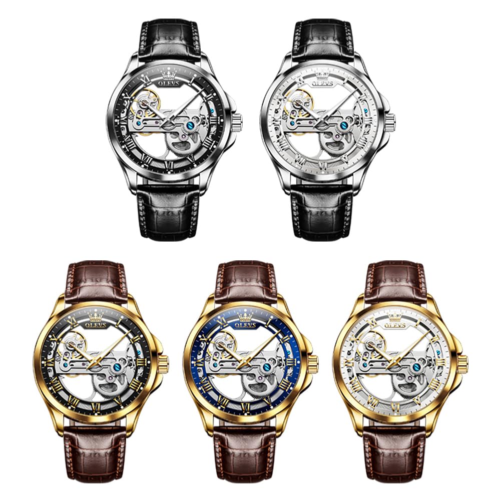 OLEVS Men's Skeleton Automatic Watch - Self Winding Mechanical Dress Watch with Leather Band, Large Face, Waterproof - Perfect for Business, Casual & Formal Occasions