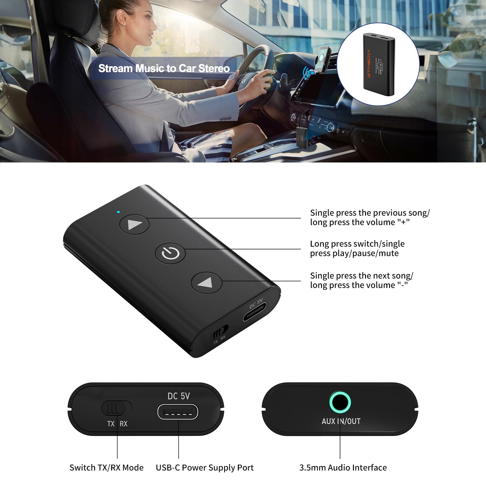 GTMEDIA 2-in-1 Bluetooth 5.0 Transmitter & Receiver - Wireless Audio Adapter with Low Latency for TV, PC, Headphones, Car & Home Stereo | 3.5mm AUX & Optical Input | Perfect for Gaming, Streaming & Hands-Free Calling