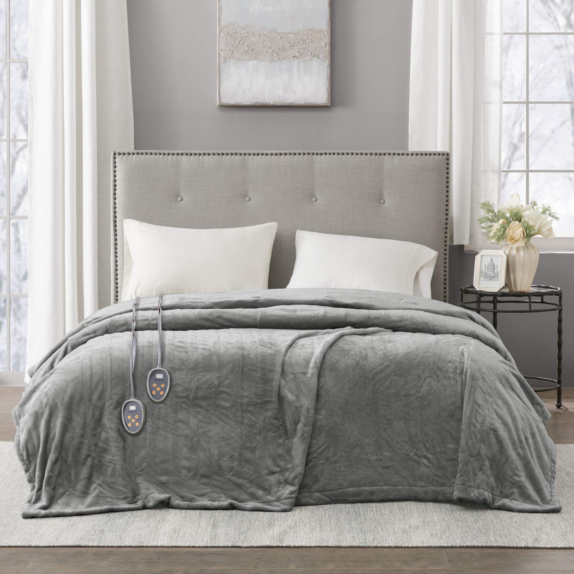 Beautyrest Electric Heated Blanket for Winter - Fast Heating, Auto Shut Off, Zero EMF, 10 Heat Settings, UL Certified, Grey Twin Size (84x62 inches) - Perfect for Bed, Sofa & Cold Weather Comfort
