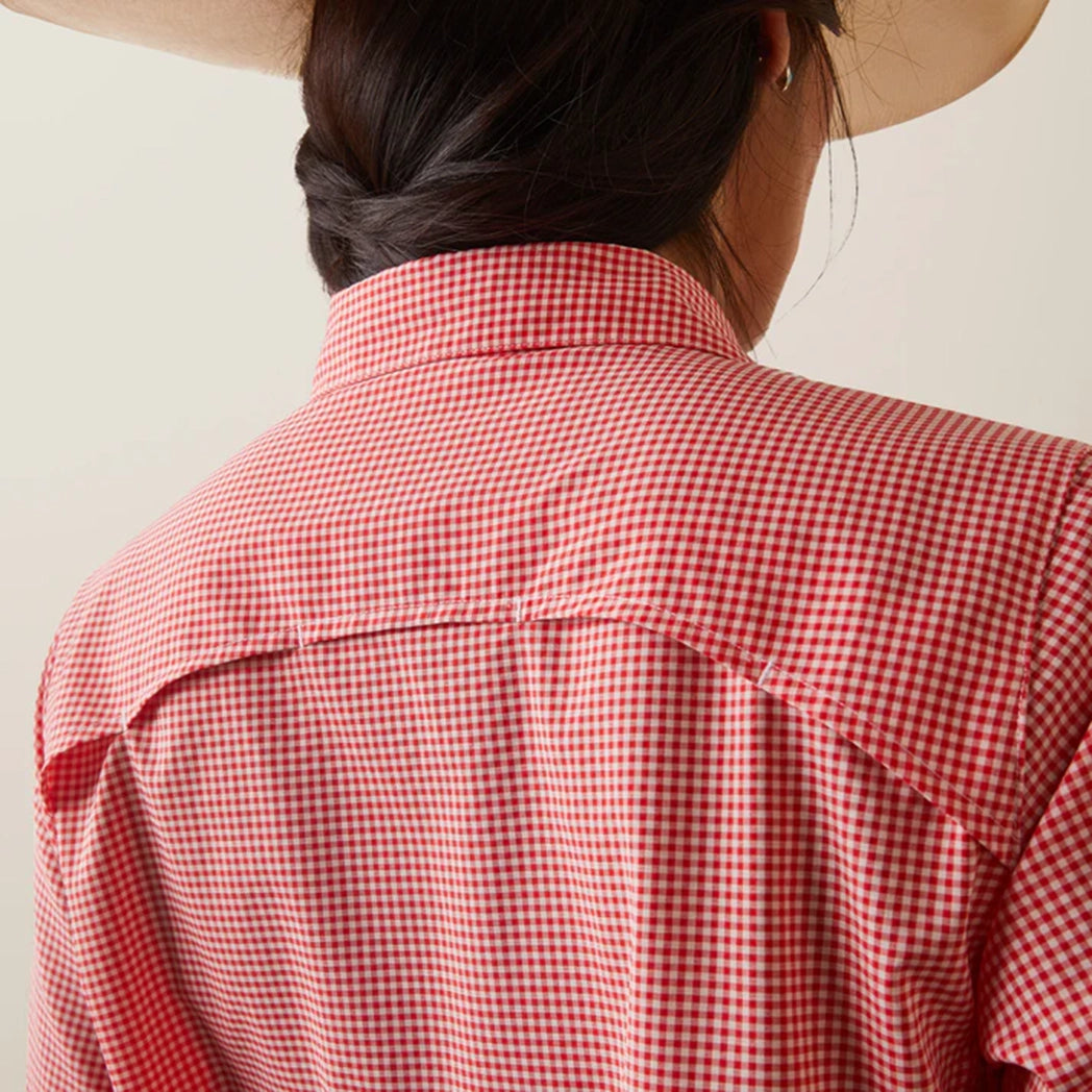 Ariat Women's Vent Tek Long Sleeve Shirt - Breathable Performance Top for Riding & Outdoor Activities | Aura Orange/White Check Pattern | Equestrian & Casual Wear