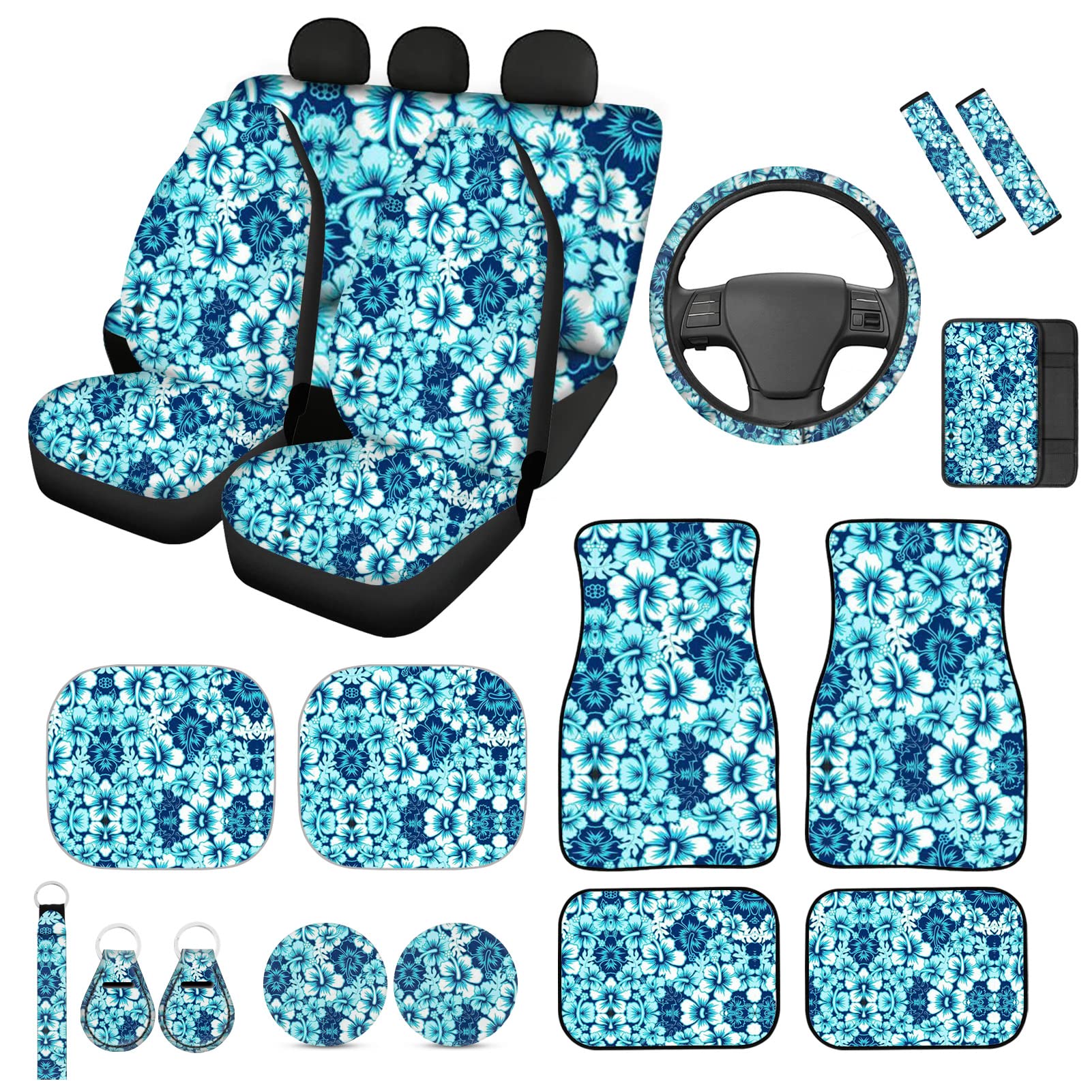 Bulopur 16Pcs Blue Hibiscus Car Accessories Set for Steering Wheel & Seat Belts - Home & Office Decor