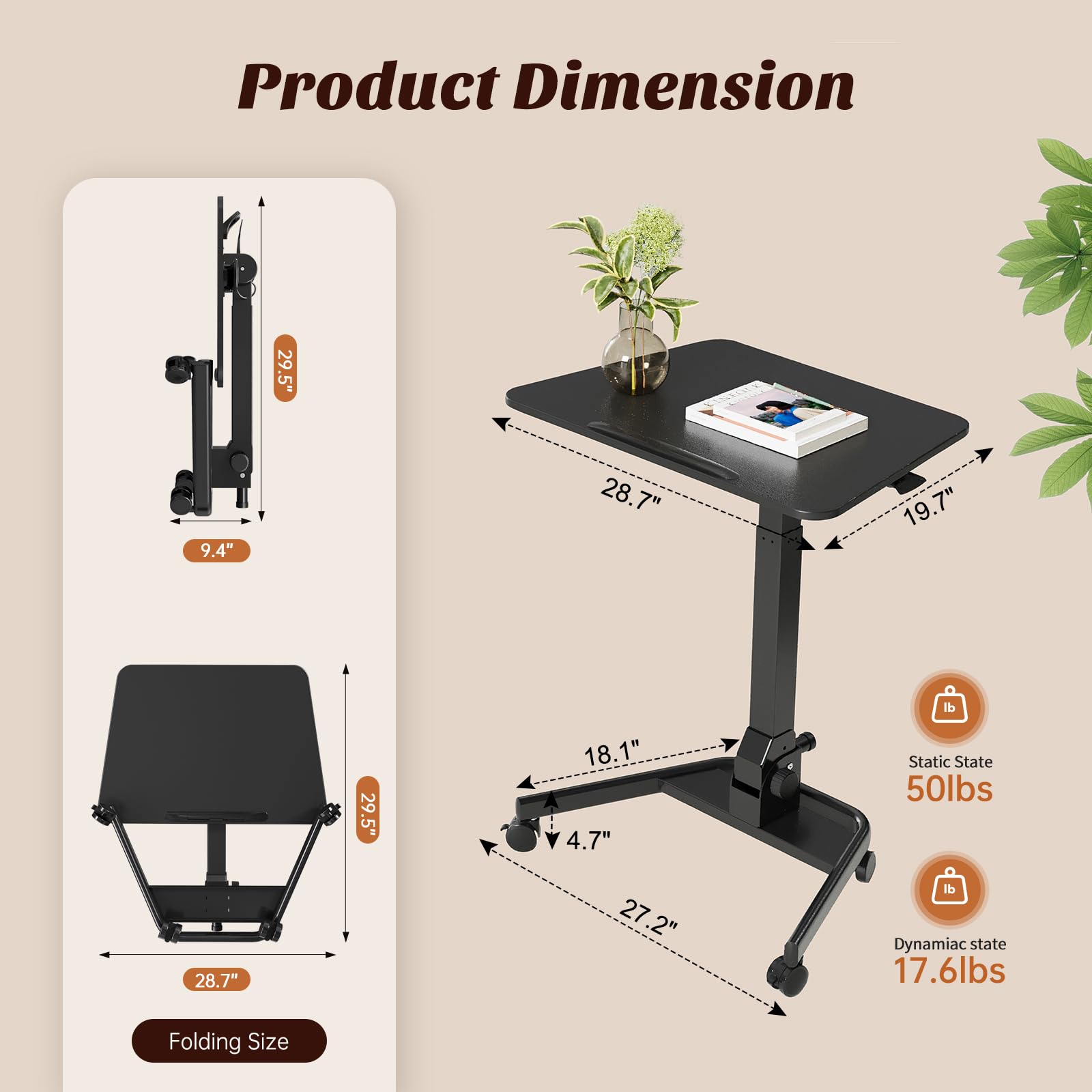Adjustable Height Foldable Standing Desk with Wheels - Portable Sit Stand Workstation for Home Office, 90° Tiltable Laptop Desk, Ergonomic Mobile Desk for Small Spaces (Ideal for Remote Work, Study & Gaming)