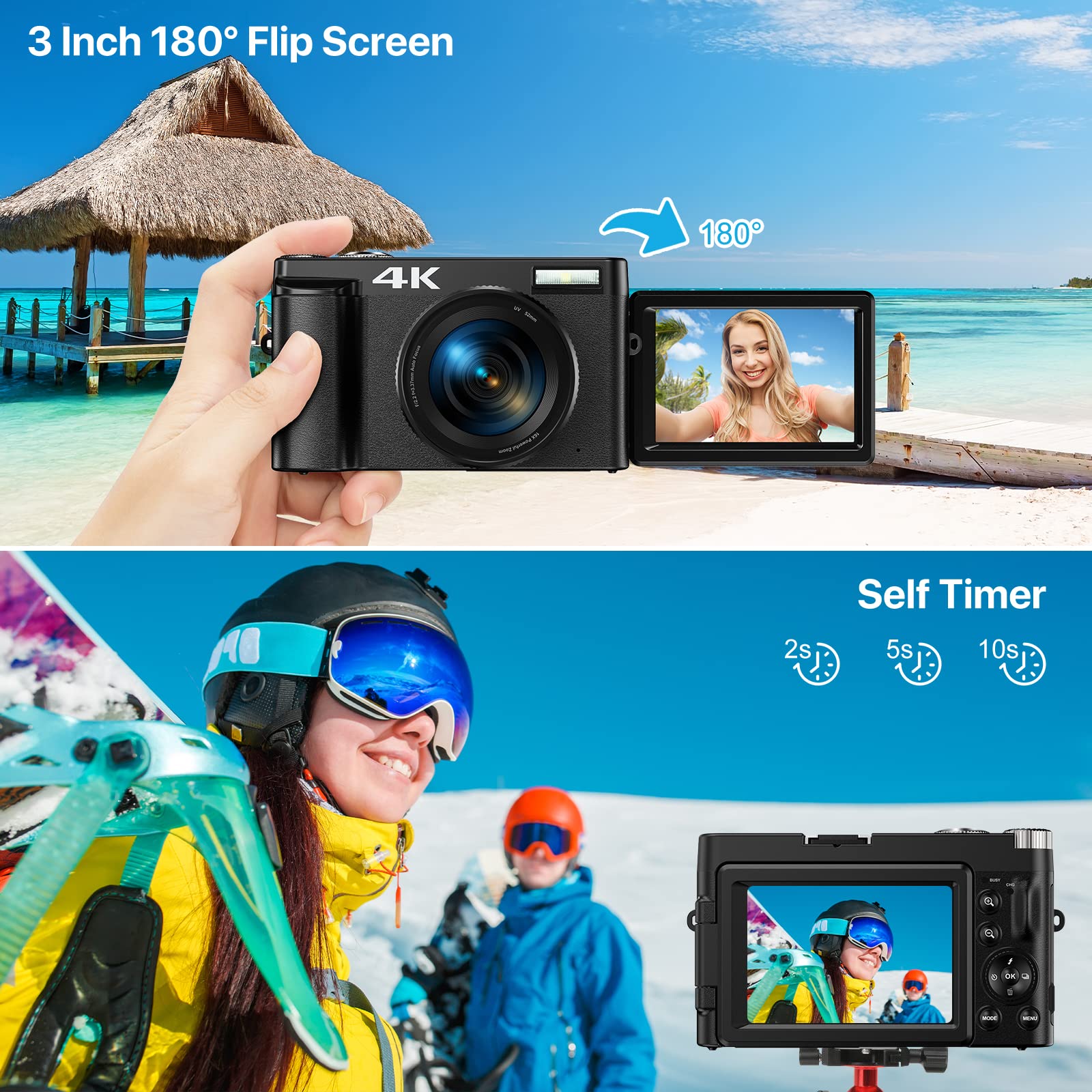 4K Digital Camera with 48MP Autofocus - Vlogging Camera for YouTube with 3