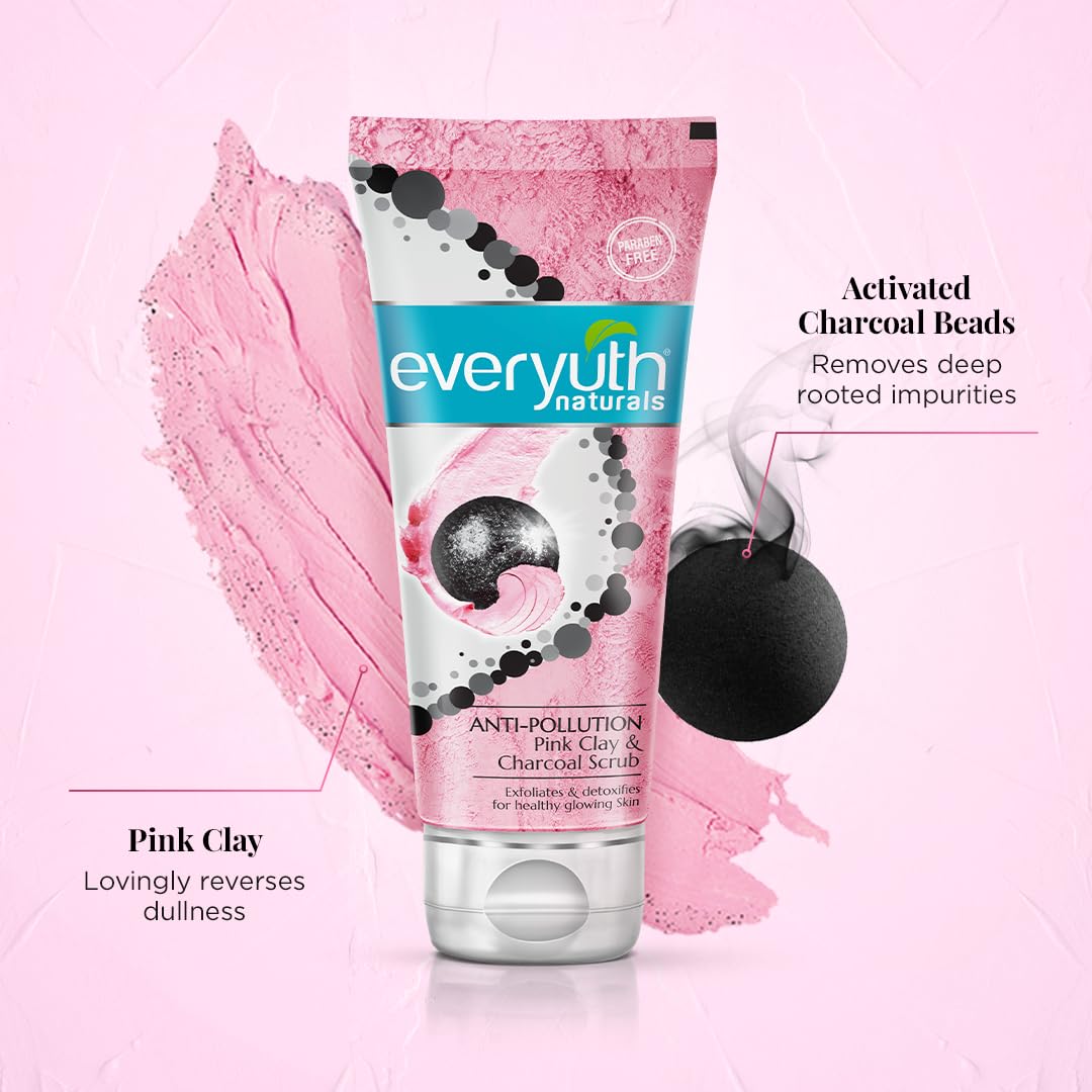 Everyuth Naturals Anti-Pollution Pink Clay & Charcoal Face Scrub 50g - Deep Cleansing & Exfoliating for Glowing Skin - Perfect for Daily Skincare Routine & Pollution Protection