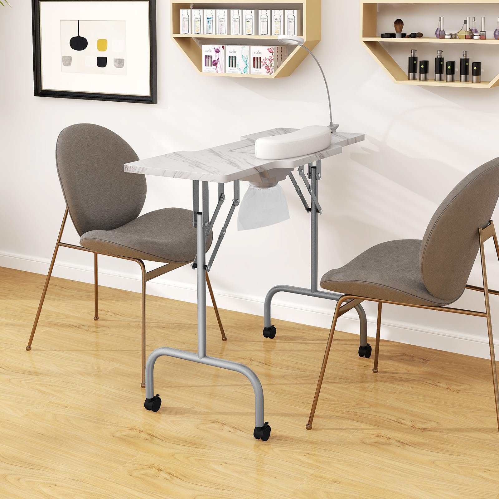Giantex Foldable Nail Tech Desk with Built-in Dust Collector Fan, Adjustable LED Light & Wrist Pad - Portable Manicure Table with 4 Lockable Wheels & Carrying Case, Marble White - Perfect for Salon Professionals & Home Nail Artists