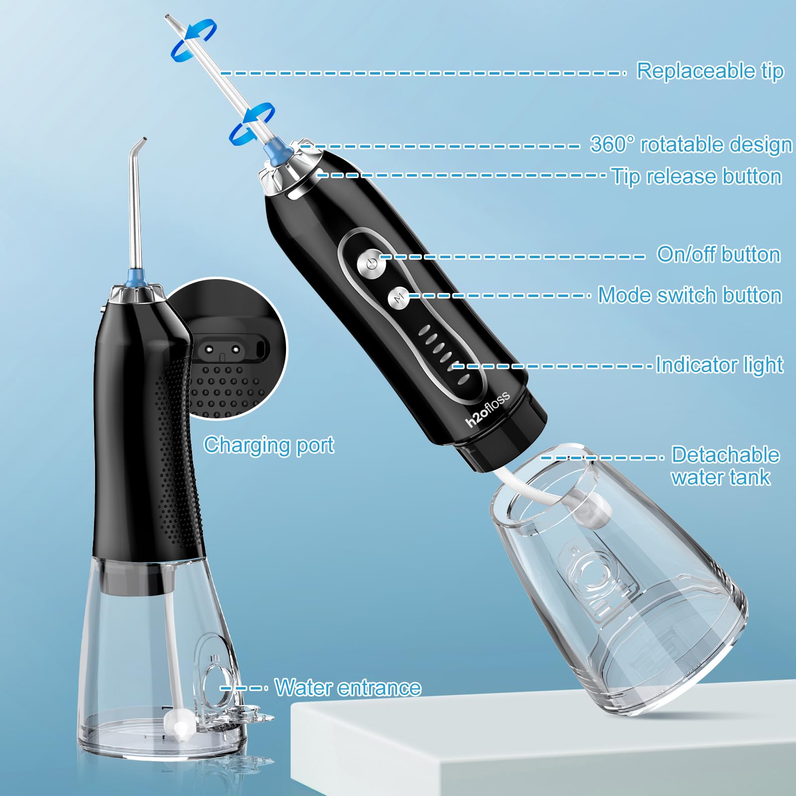 H2ofloss Portable Water Dental Flosser - Rechargeable Cordless Oral Irrigator with 300ml Tank, 5 Cleaning Modes & IPX7 Waterproof for Teeth Cleaning - Perfect for Home, Travel & Orthodontic Care