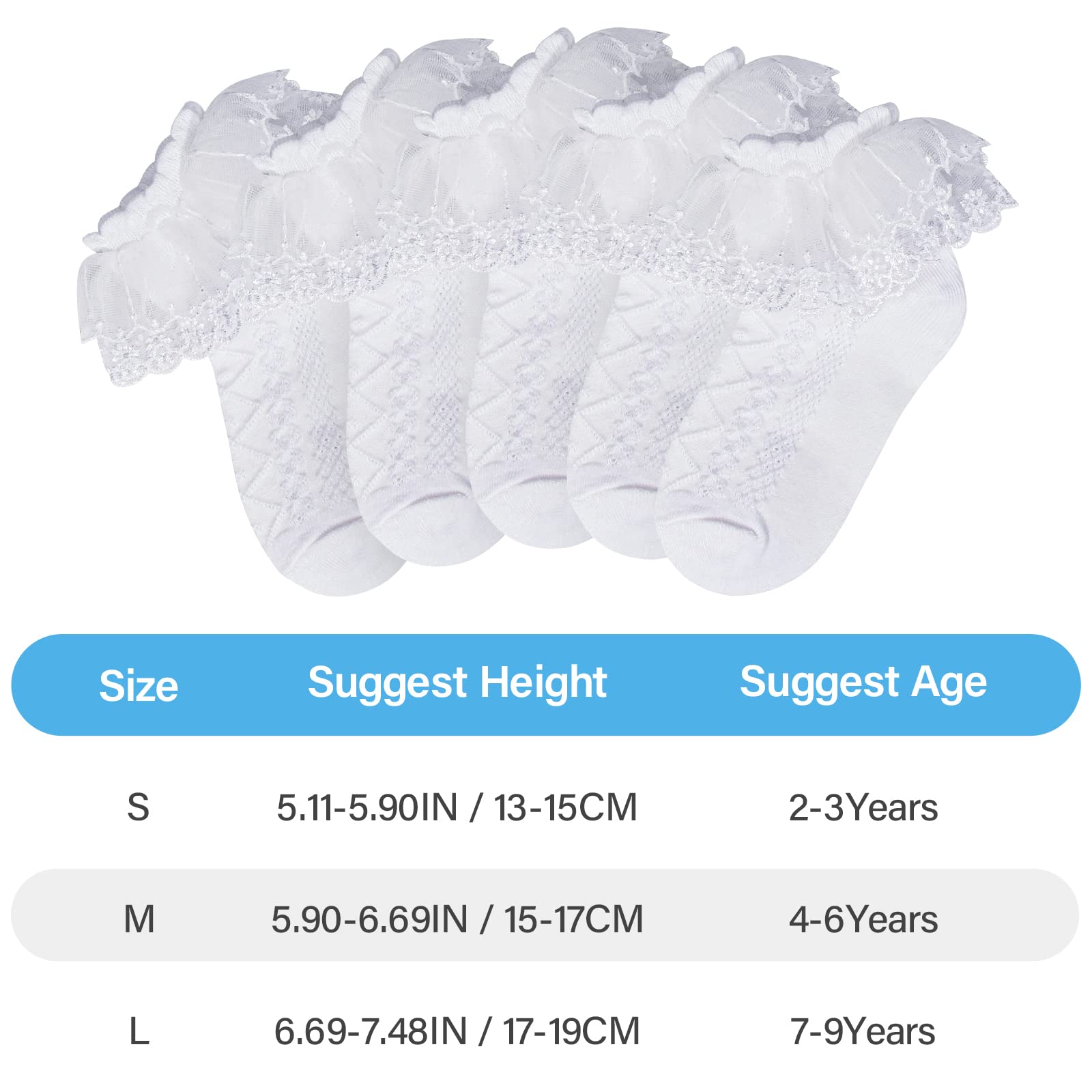 Looching 5 Pairs Baby Girls Ruffle Lace Socks - Soft Cotton Eyelet Mesh Frilly Ankle Socks for Toddlers 2-13T - Perfect for Princess Dresses & Special Occasions
