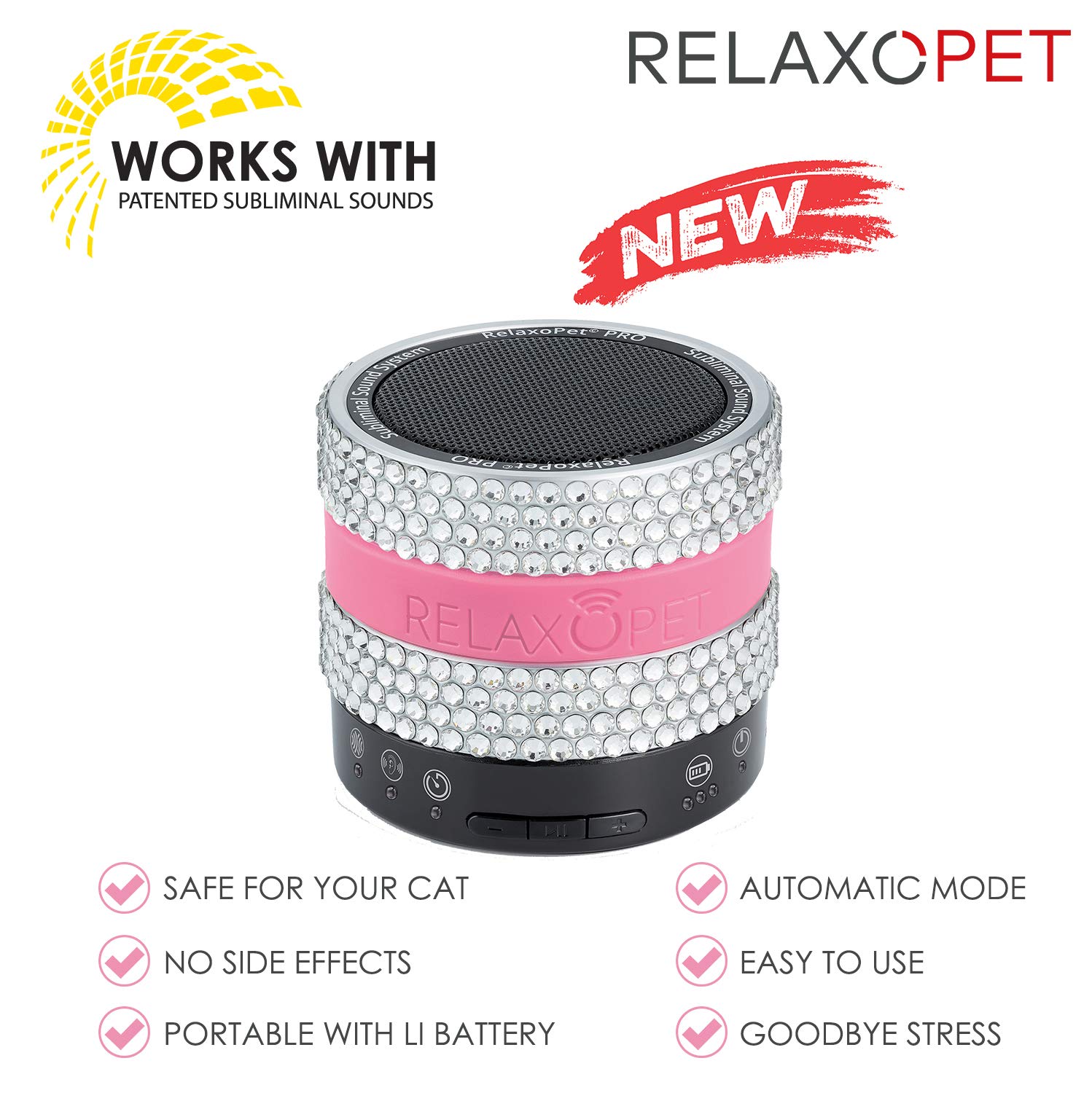 PRO Glam Cat Anxiety Relief Device - Calming Trainer for Cats to Reduce Stress, Destructive Behavior, Spraying & Scratching | Subliminal Relaxation Technology for Anxious Pets - Perfect for Vet Visits, Travel & Multi-Cat Households