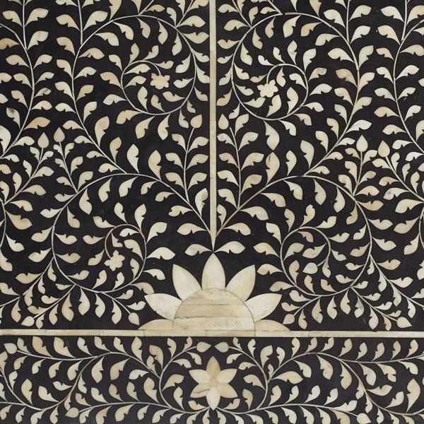 Handmade Bone Inlay Mehrab Bed Headboard - Black Floral Pattern Queen Size for Master Bedroom Decor | Elegant Boho Chic Bedroom Furniture with Carved Details