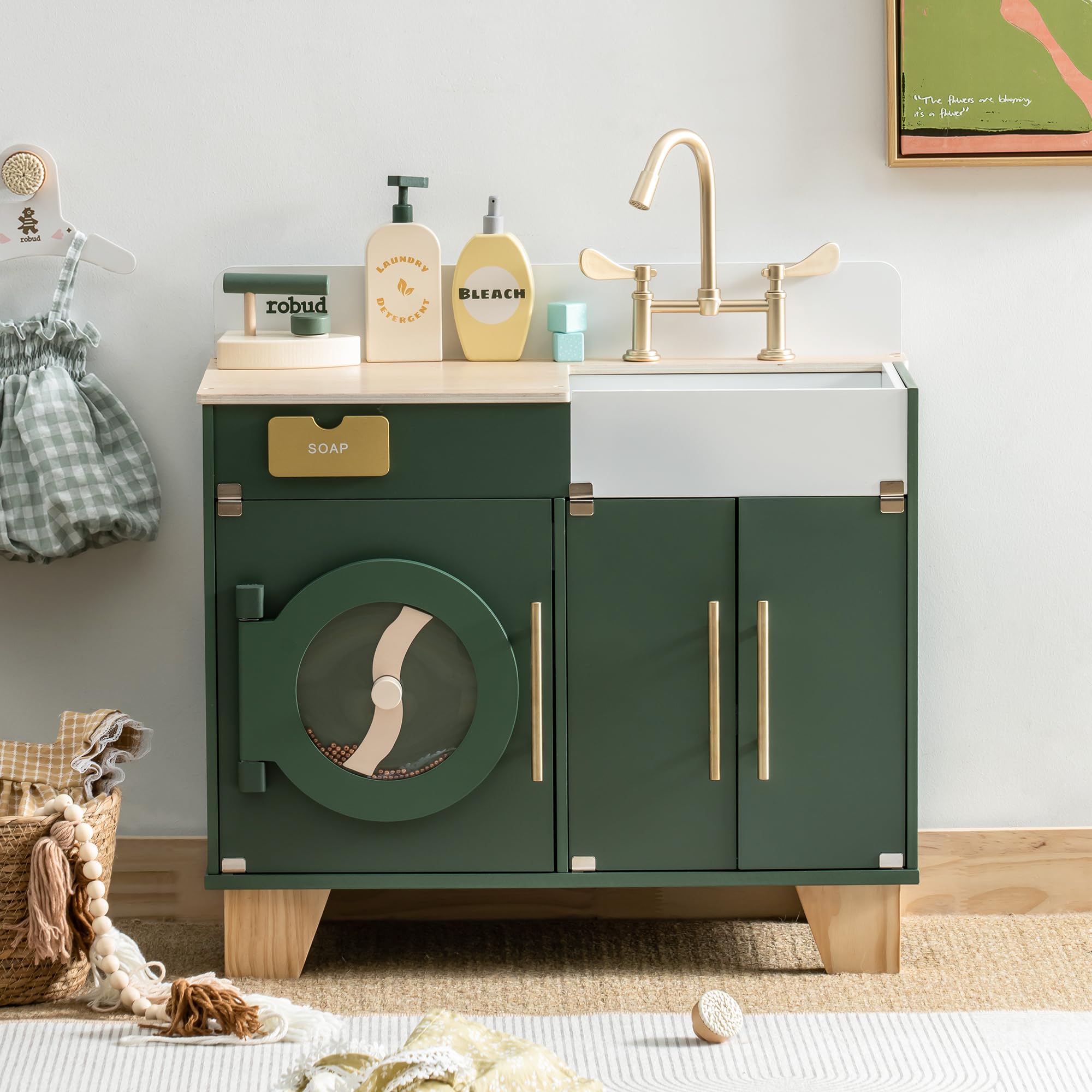 Wooden Kids Kitchen Playset with Washing Machine & Accessories - Pretend Play Toy for Toddlers & Children - Role Play Cooking & Cleaning Fun - Perfect Gift for Boys & Girls - Ideal for Home, Preschool & Daycare Playrooms