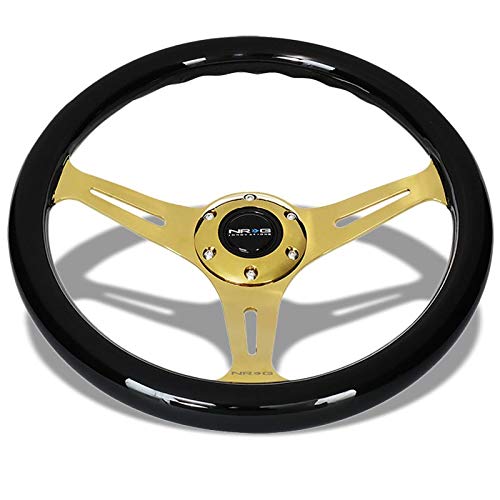 NRG ST-015CG-BK 350mm Black Wood & Gold Spoke 3-Spoke Racing Steering Wheel with Horn Button - Aluminum Slit Holes Design for Drift, Track, and Street Performance (Colored Wood Finish)