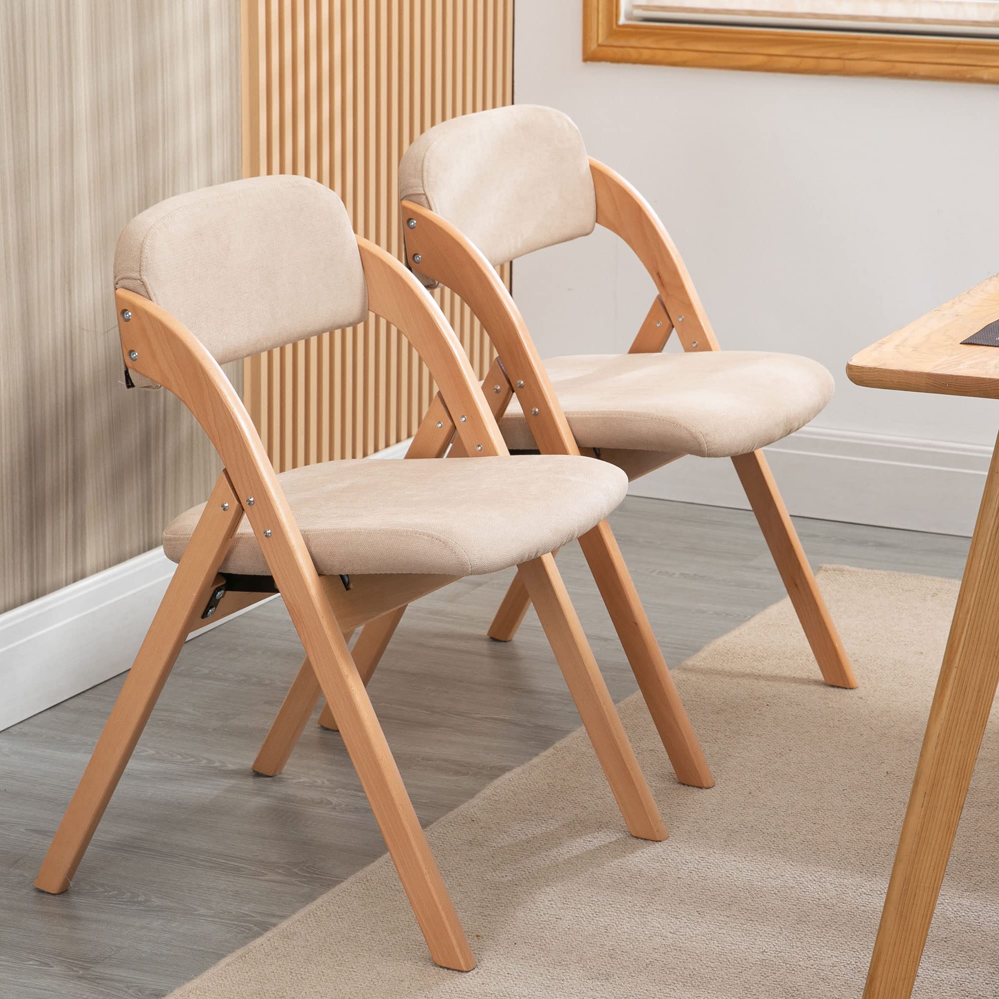 HOMEFUN 2-Pack Wooden Folding Chairs with Padded Seats & Removable Covers - Stackable Dining Chairs for Kitchen, Office, Wedding, Party, Picnic - Perfect for Guest Seating & Space Saving (Khaki)