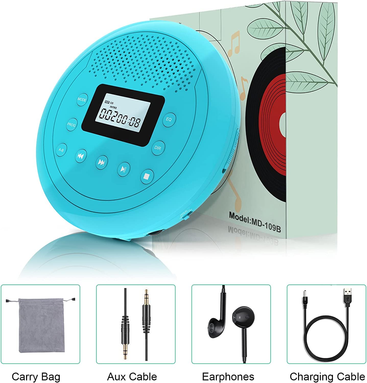 Portable Rechargeable CD Player with Built-in Speaker - Anti-Skip Walkman for Kids, Car & Home Use | Includes Headphones (Cyan-Blue) | Perfect for Travel, Commuting & Bedtime Music