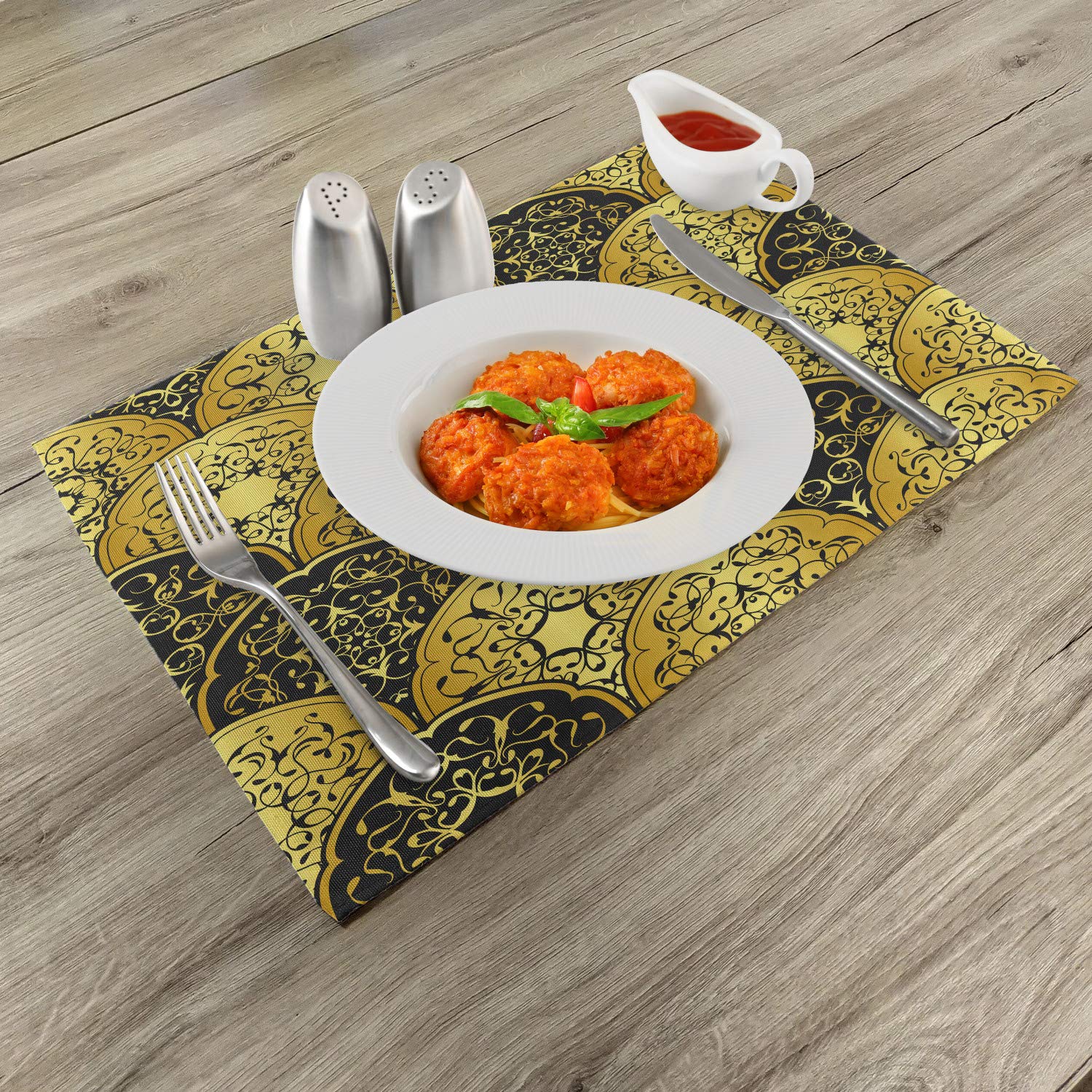 Ambesonne Mandala Place Mats Set of 4 - Round Overlapping Retro Design Washable Fabric Placemats for Dining Table & Kitchen Decor in Yellow & Black | Perfect for Boho Home Decor, Dinner Parties & Holiday Gatherings