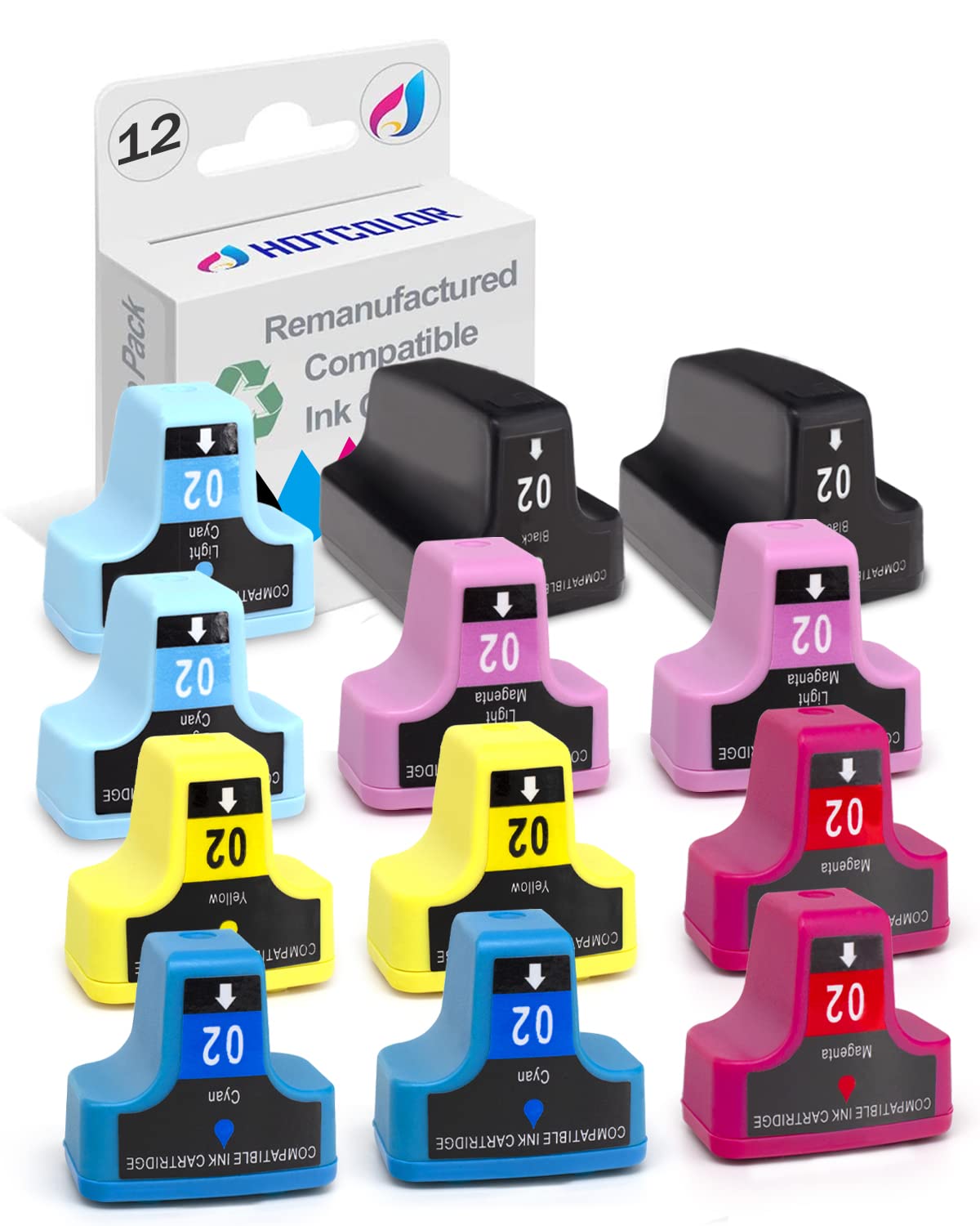 Remanufactured HP 02 Ink Cartridges (12-Pack) - Compatible with HP PhotoSmart C6280, C7280, 8250, D7460, C8180, C6250 Printers - 2BK/2C/2M/2Y/2LC/2LM | Perfect for Home Office Printing, Photo Printing & Document Printing
