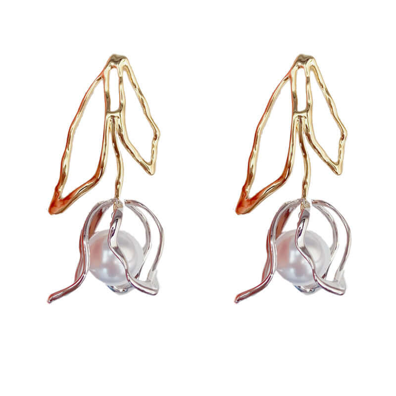 Elegant Large Two-Tone Flower Pearl Drop Earrings for Women | R0919 | Perfect for Weddings, Parties & Special Occasions