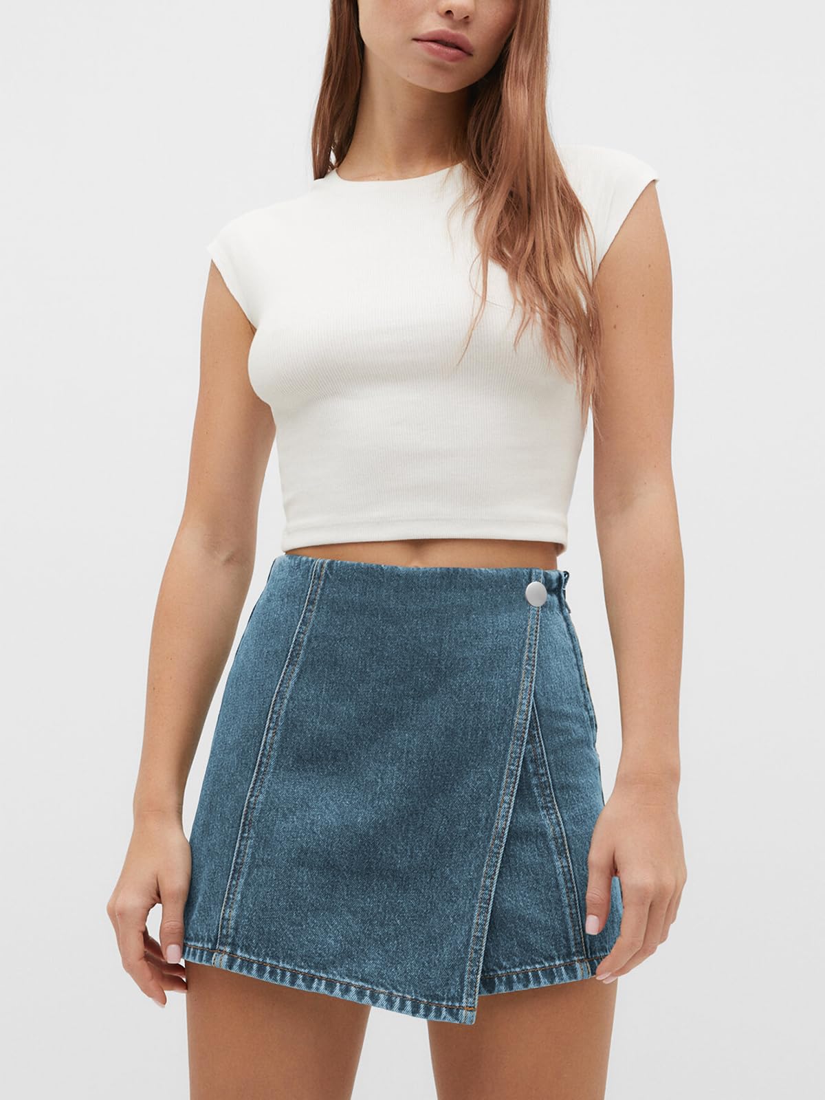 PLNOTME Women's High Waisted Denim Skorts - Stretchy Asymmetrical Hem Jean Skirt Shorts for Summer | Casual Outfits, Beach Wear & Outdoor Activities