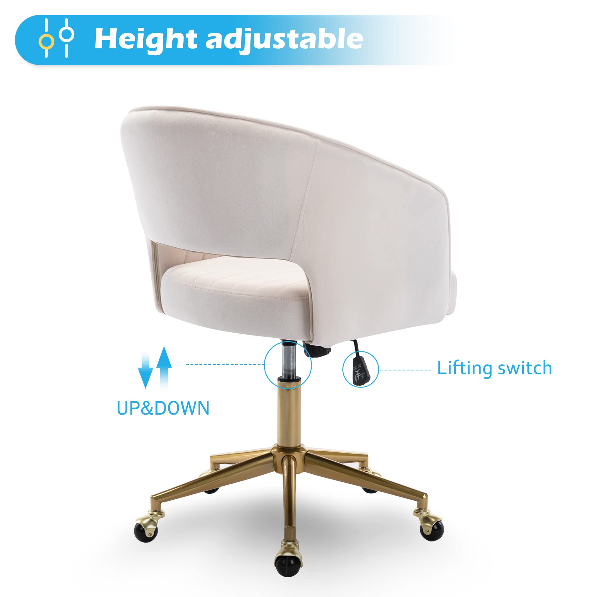Ergonomic Velvet Swivel Office Chair with Gold Base - Modern Tufted Desk Chair for Women, Girls - Comfortable Computer Task Stool for Home Office, Study, Living Room (Cream) - Perfect for Remote Work, Gaming & Relaxation