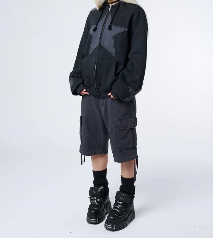 Y2K Women's Zip Up Hoodie with Star Print - Oversized Graphic Sweatshirt | Fairy Grunge Aesthetic Hooded Jacket | Harajuku Streetwear for Casual Outfits, Music Festivals & Retro Fashion