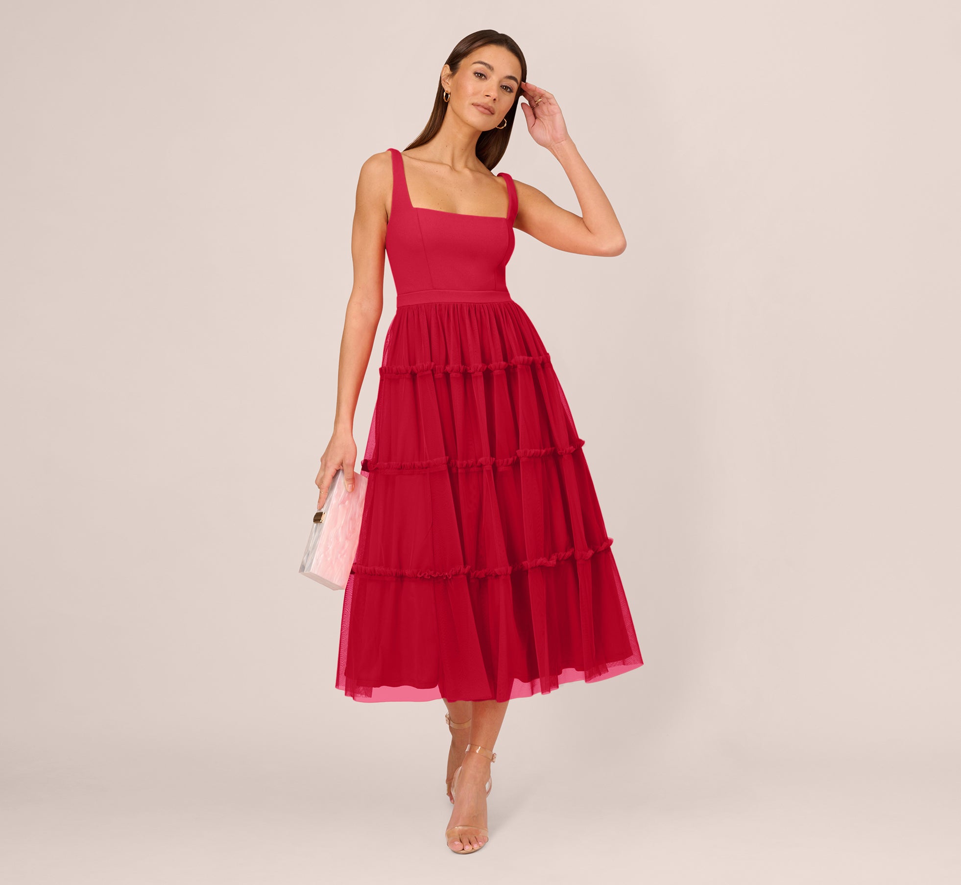 Women's Sleeveless Midi Dress with Square Neck & Tiered Skirt - Matador Red | Summer Casual Wear, Beach Cover Up, Date Night Outfit